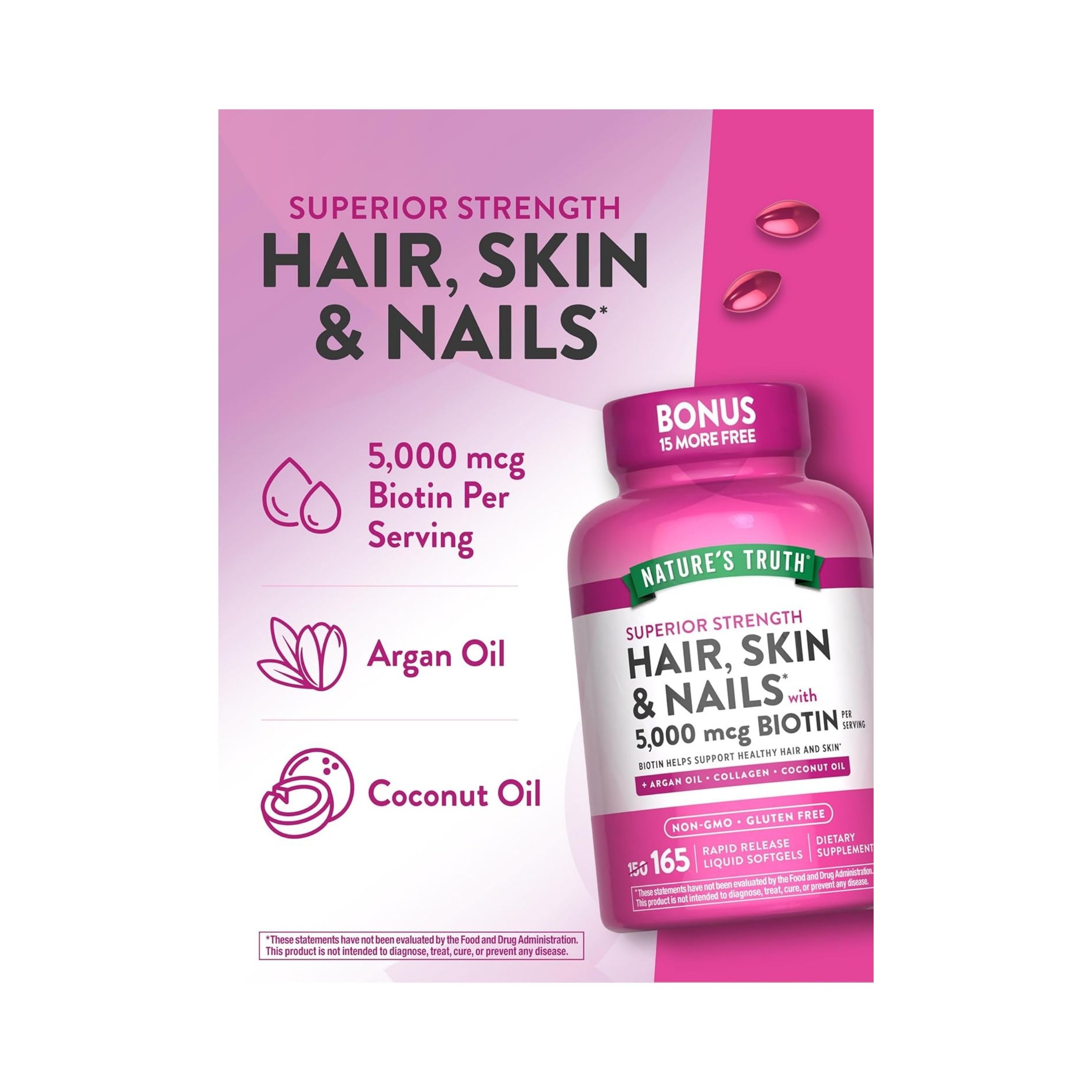 Nature's Truth Superior Strength Hair, Skin & Nails With 5000 Mcg Biotin Liquid Softgels