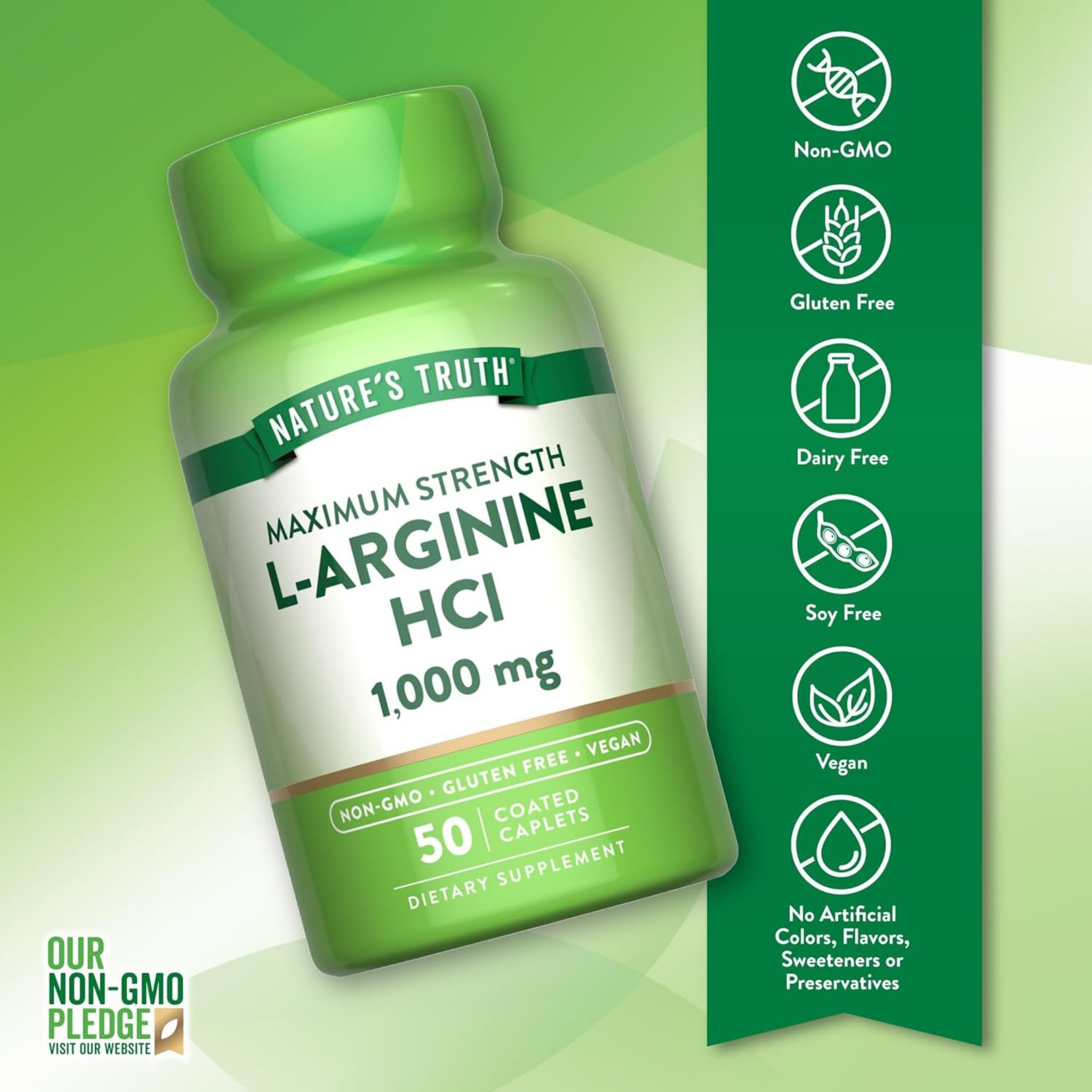 Nature's Truth Vitamins, Maximum Strength L-Arginine HCL, 1,000 Mg, 50 Coated Caplets