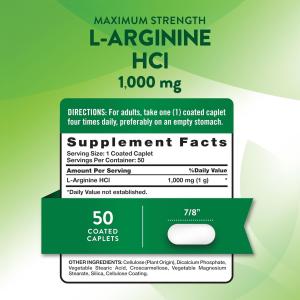 Nature's Truth Vitamins, Maximum Strength L-Arginine HCL, 1,000 Mg, 50 Coated Caplets