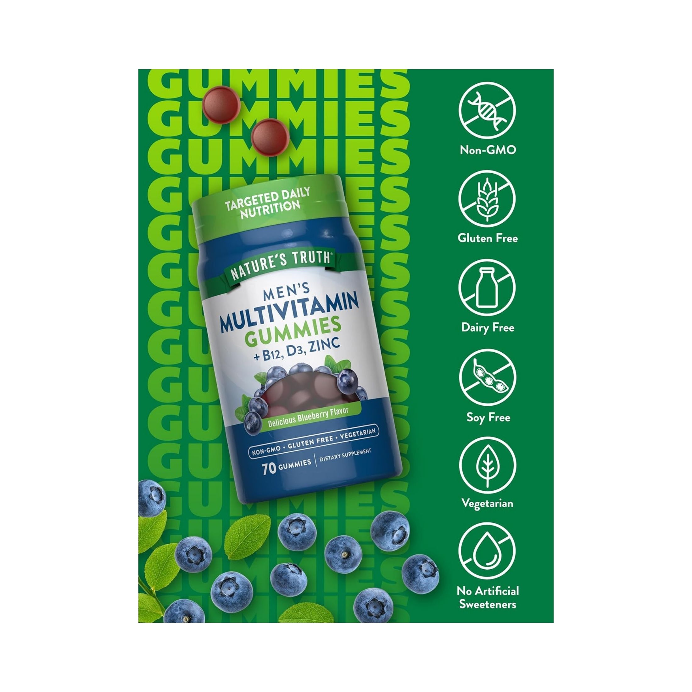 Nature's Truth Men's Multivitamin + B-12, D3, Zinc Vegetarian Gummies - Natural Blueberry Flavor 70ct