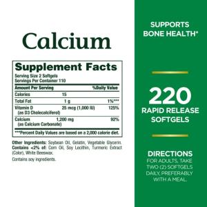 Nature's Bounty Calcium Plus Vitamin D3, 1,200 Mg, 220 Rapid Release Softgels