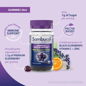 Sambucol Black Elderberry, Advanced Immune Support With Vitamin C & Zinc, 30 Gummies