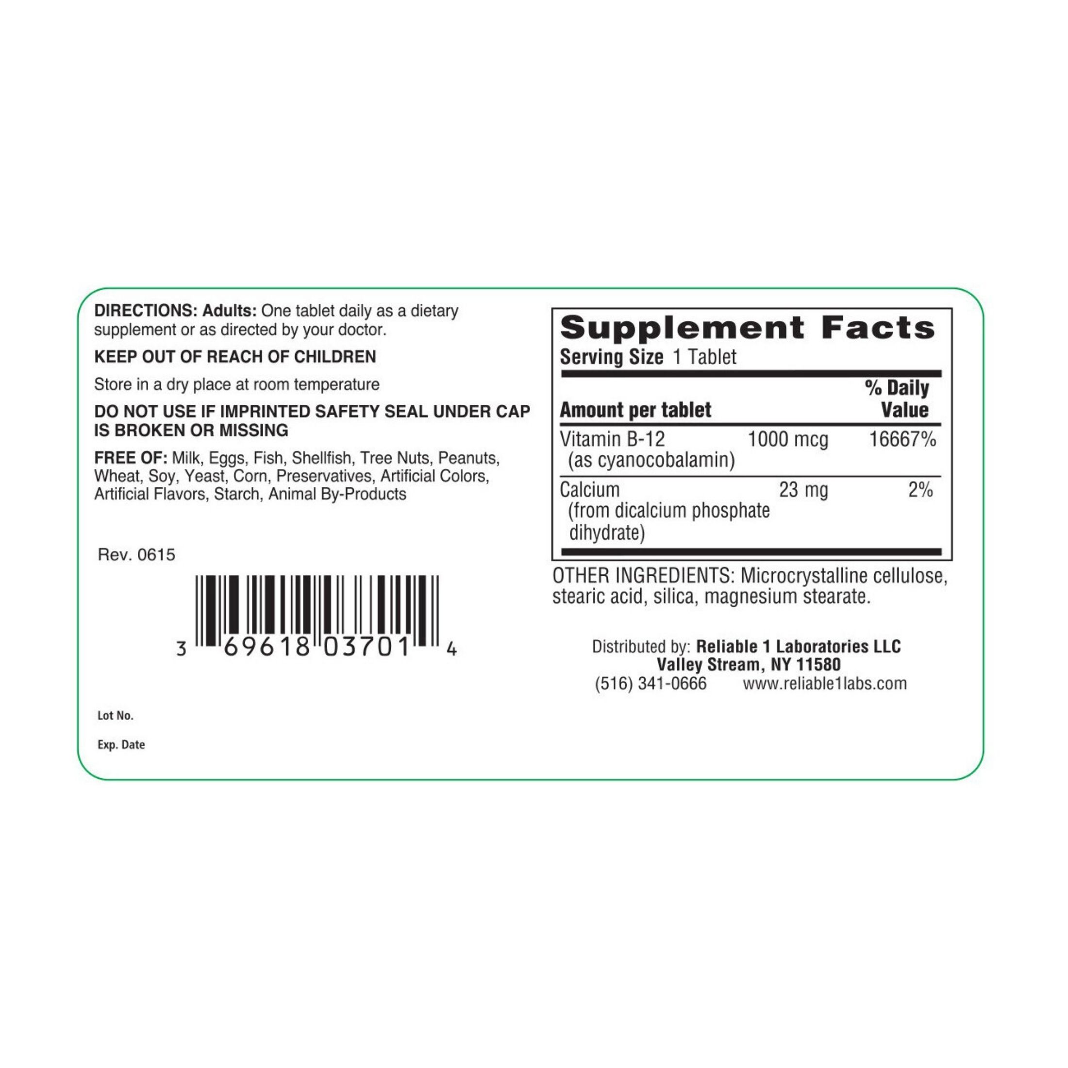 Reliable-1 Laboratories Vitamin B-12 1000 Mcg 100 Tablets