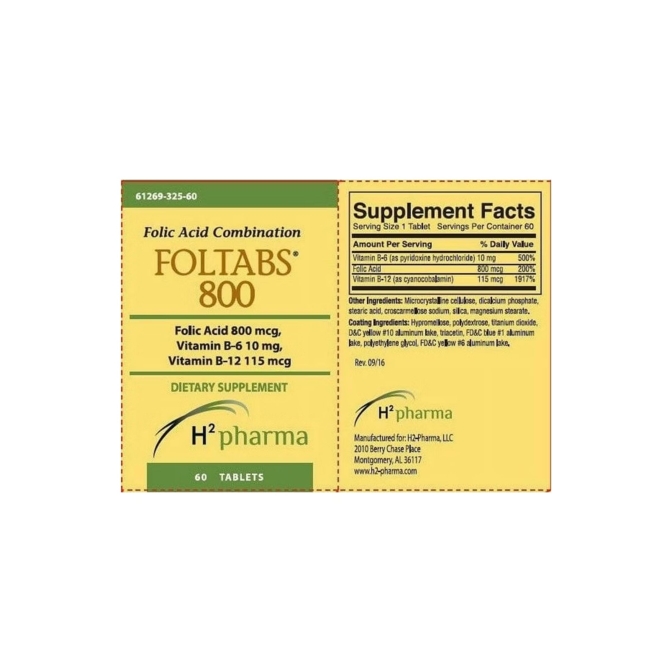 H2 Pharma Foltabs 800 Mcg, 60 Tablets