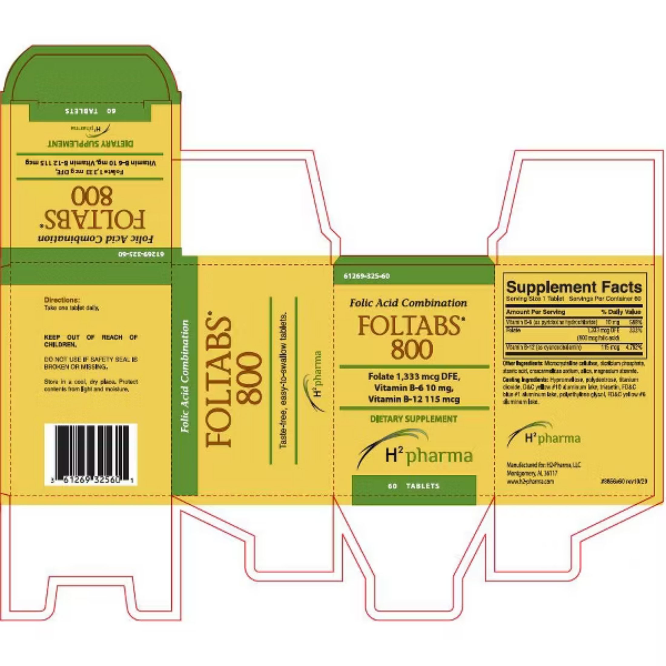 H2 Pharma Foltabs 800 Mcg, 60 Tablets