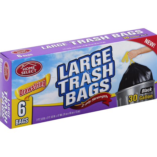 Home Select Trash Bags, 2 Ply Strength, Drawstring, Black, Large, 30 Gallon