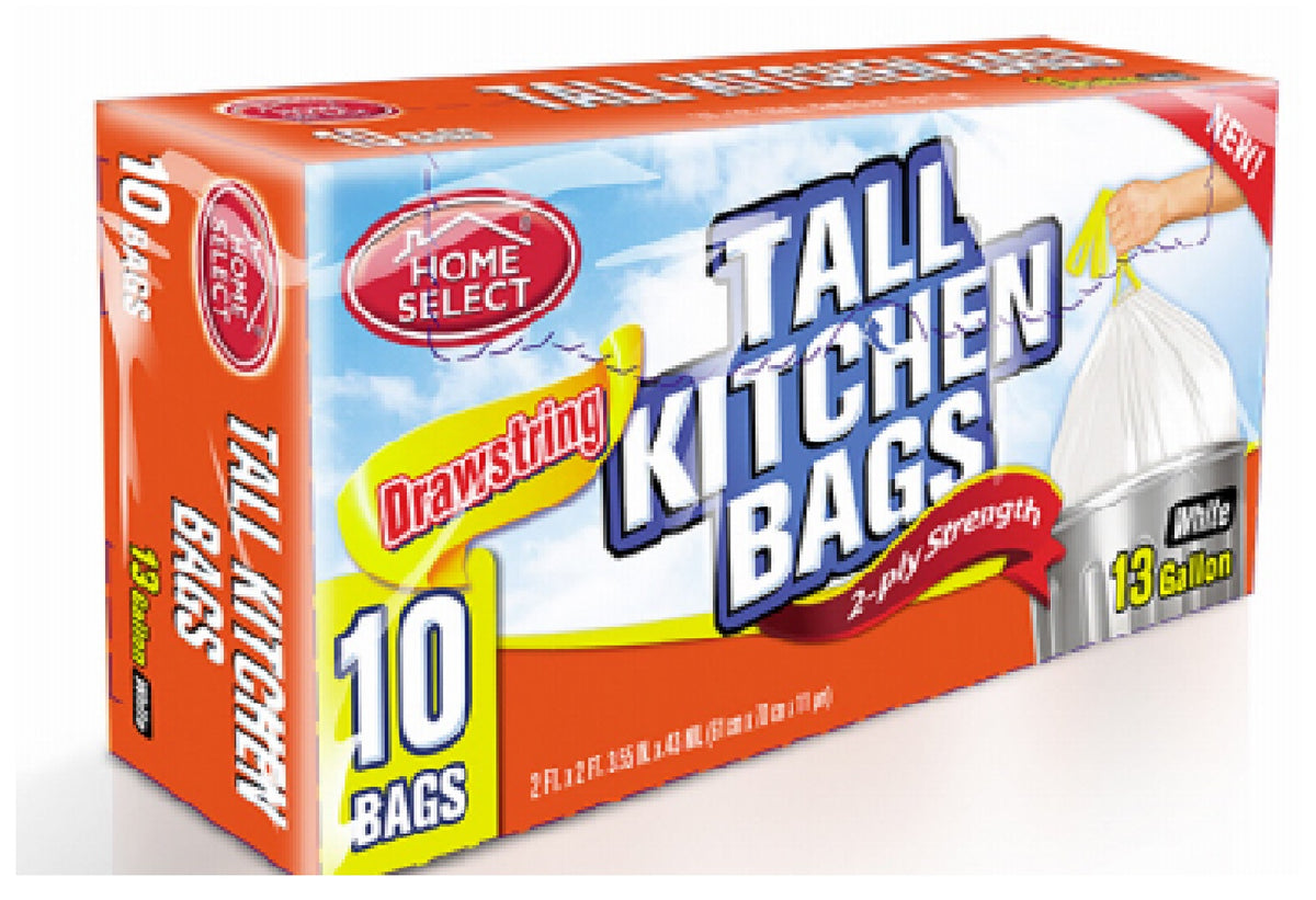 Home Select Tall Kitchen Bags, Drawstring, 2-Ply Strength, 13 Gallon, White