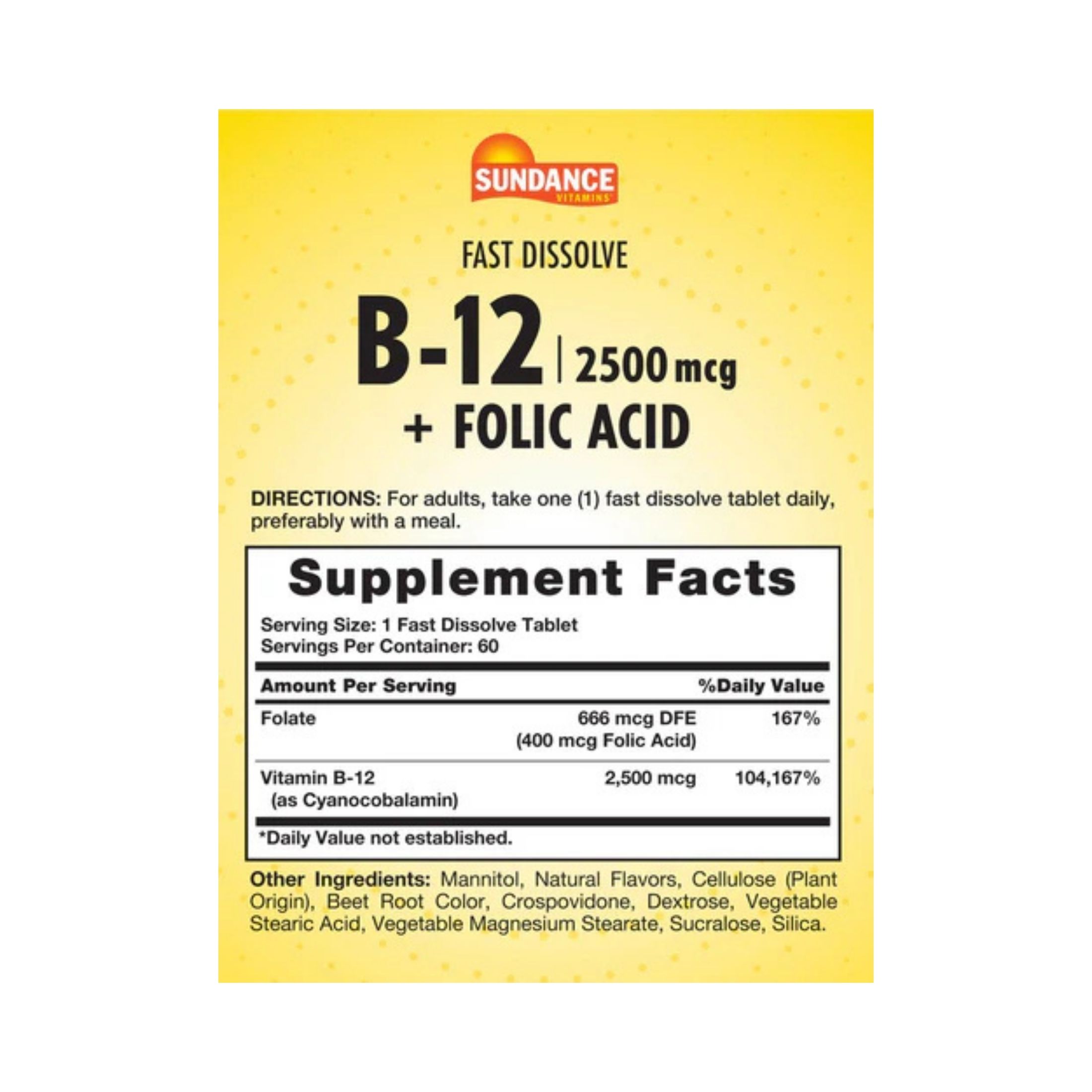 Sundance Vitamin B12 Plus Folic Acid Tablets, 2500 Mcg