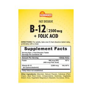 Sundance Vitamin B12 Plus Folic Acid Tablets, 2500 Mcg