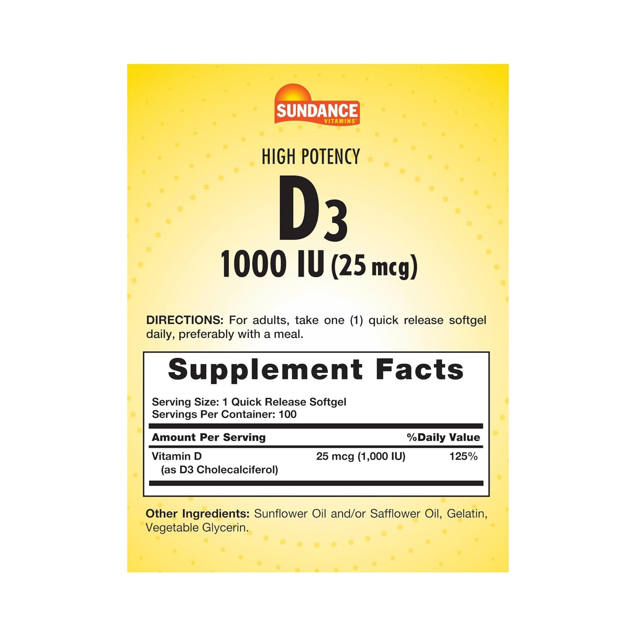 Sundance Vitamins High Potency Vitamin D3 1000 IU Quick Release - 100 Softgels