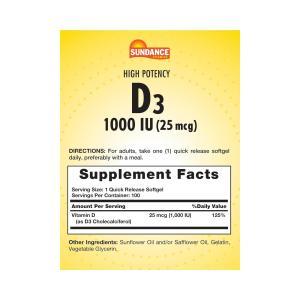 Sundance Vitamins High Potency Vitamin D3 1000 IU Quick Release - 100 Softgels
