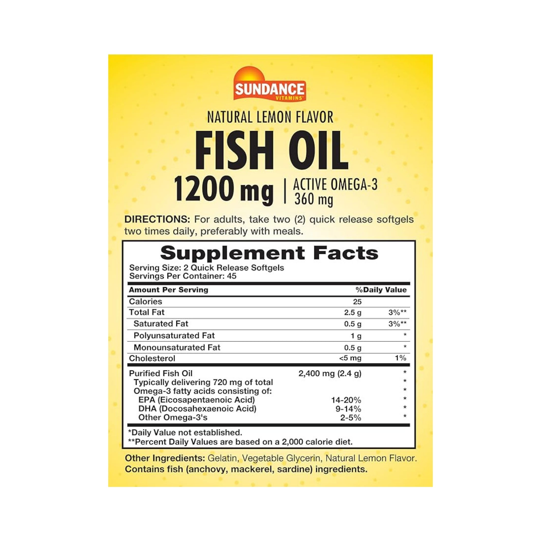 Sundance Vitamins Fish Oil - Omega-3 Softgels Natural Lemon Flavor, 1200 Mg, 90 Tabs