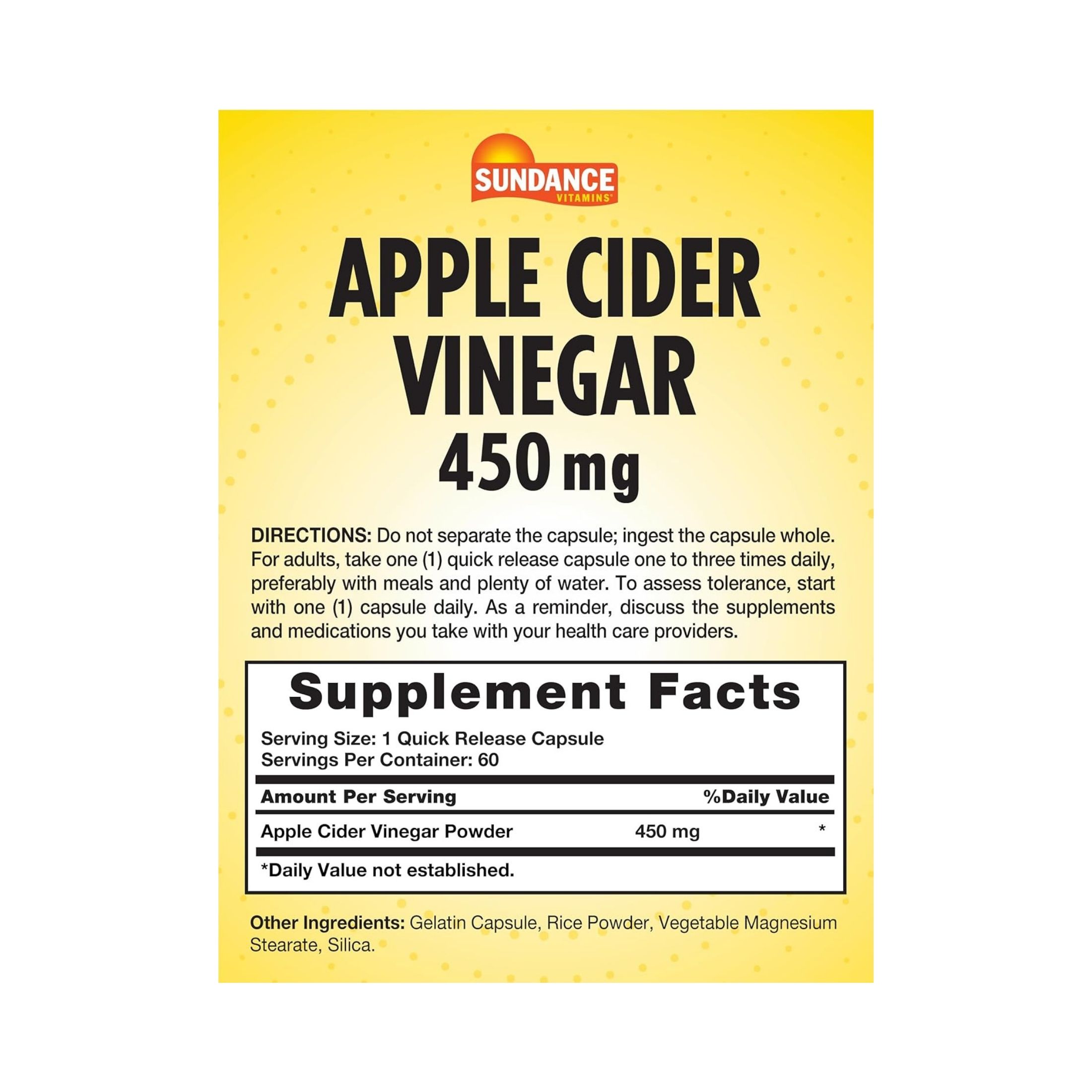 Sundance Vitamins Apple Cider Vinegar 450 Mg - 60 Quick Release Capsules