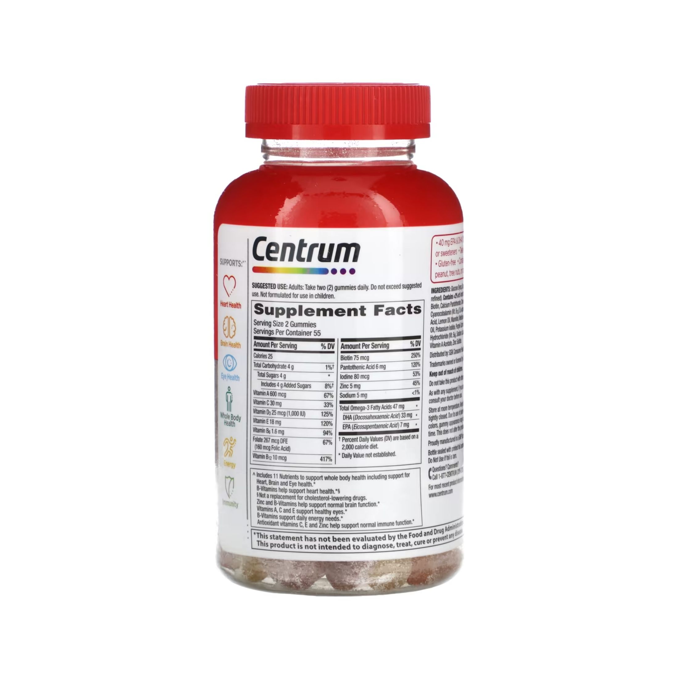 Centrum MultiGummies Omega 3 Gummy Multivitamin For Adults, Multivitamin/Multimineral Supplement, Strawberry/Lemon/Orange Flavors