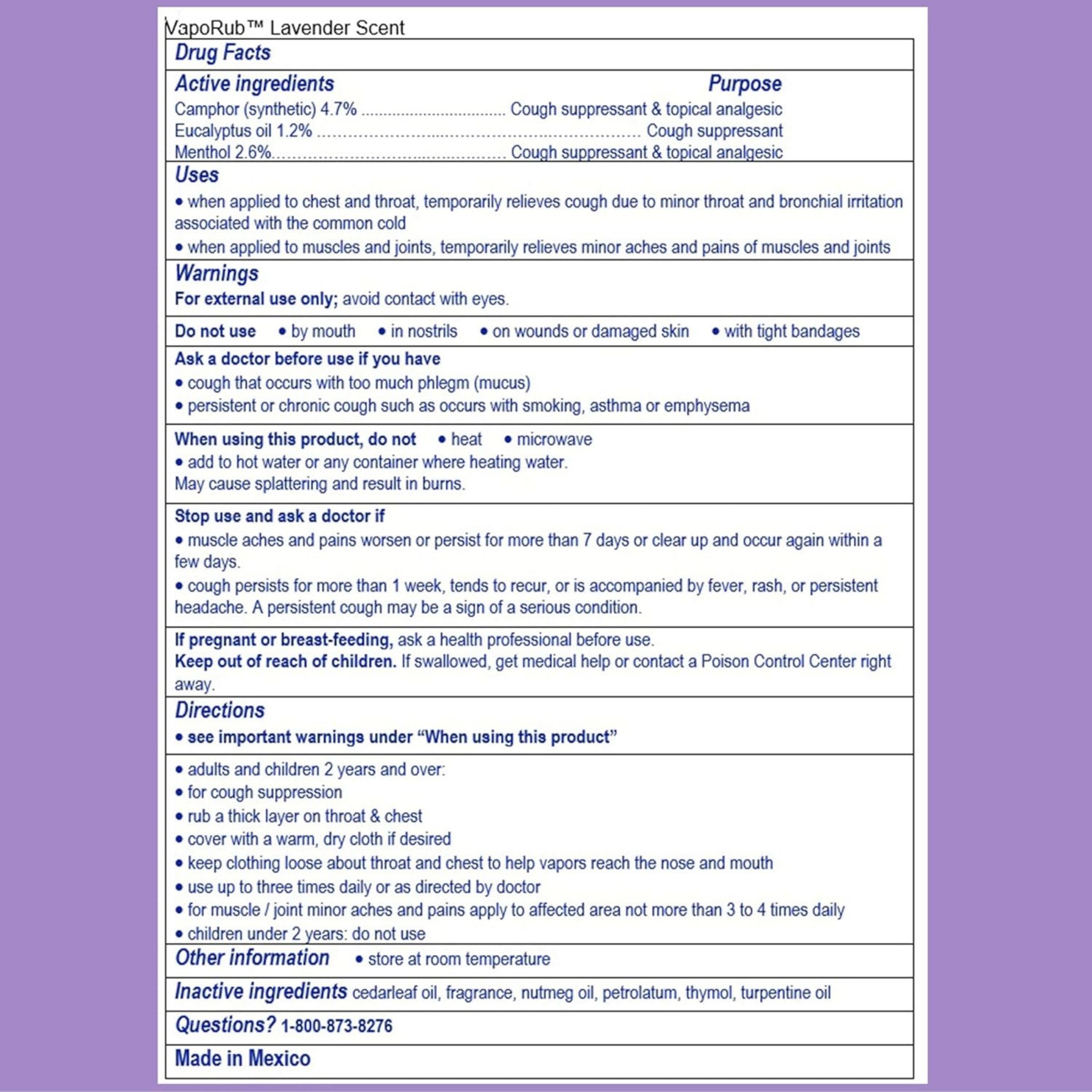 Vicks Vaporub, Lavender Scent, Cough Suppressant, Topical Chest Rub & Analgesic Ointment, 1.76 Oz