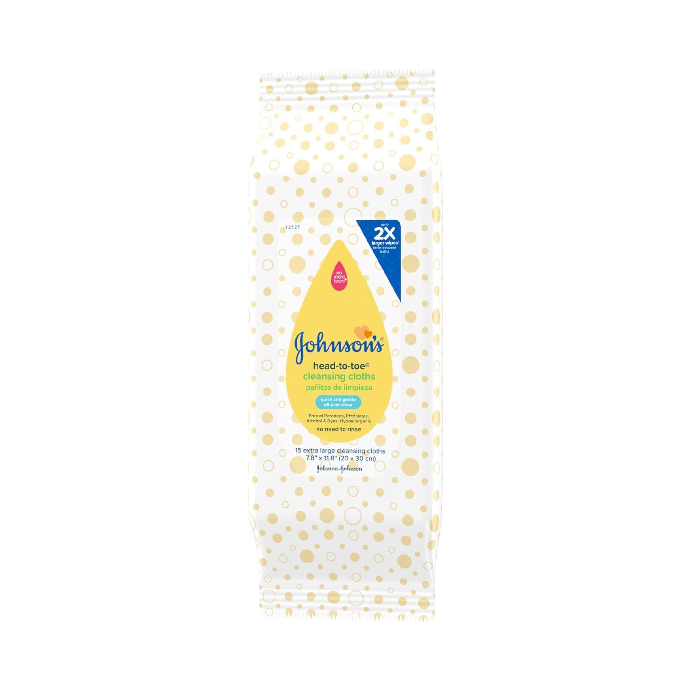 Johnson's Baby Head-to-Toe Gentle Cleansing Cloths, No Rinse, Hypoallergenic & Disposable Pre-Moistened Bath Wipes, Free Of Parabens, Phthalates, Alcohol, Dyes & Soap
