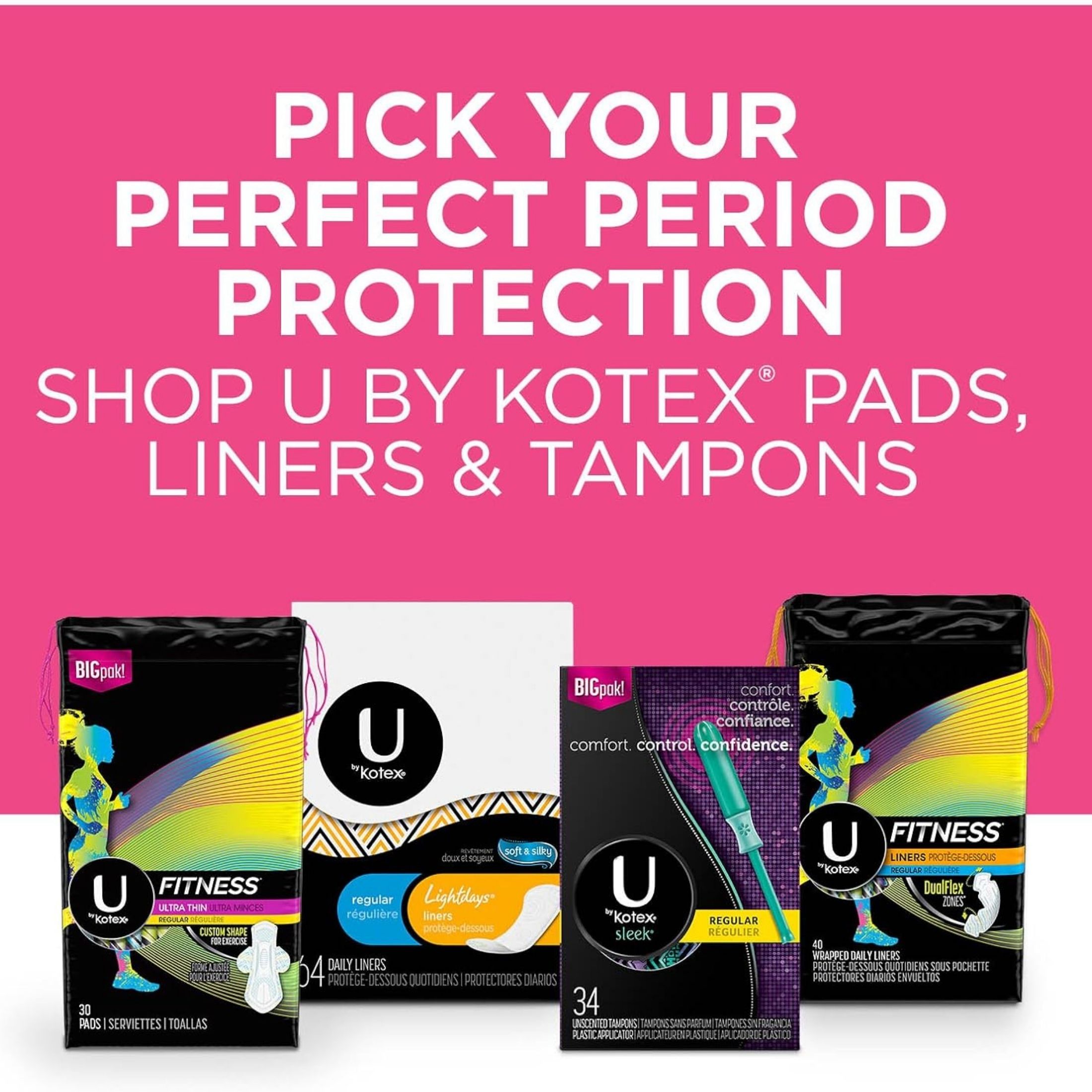 U by Kotex Fitness Ultra Thin Pads With Wings, Regular Absorbency, Fragrance-Free
