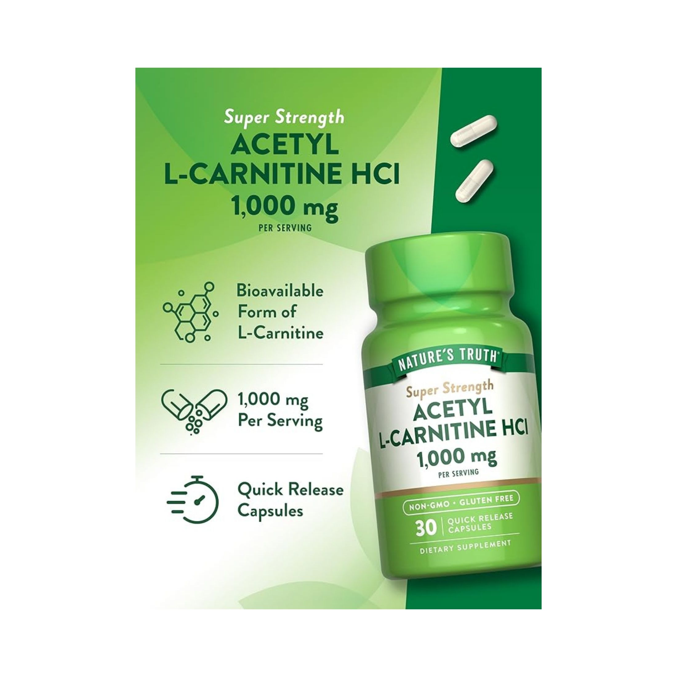 Nature's Truth Super Strength Acetyl L-Carnitine HCL 1,000 Mg Capsules