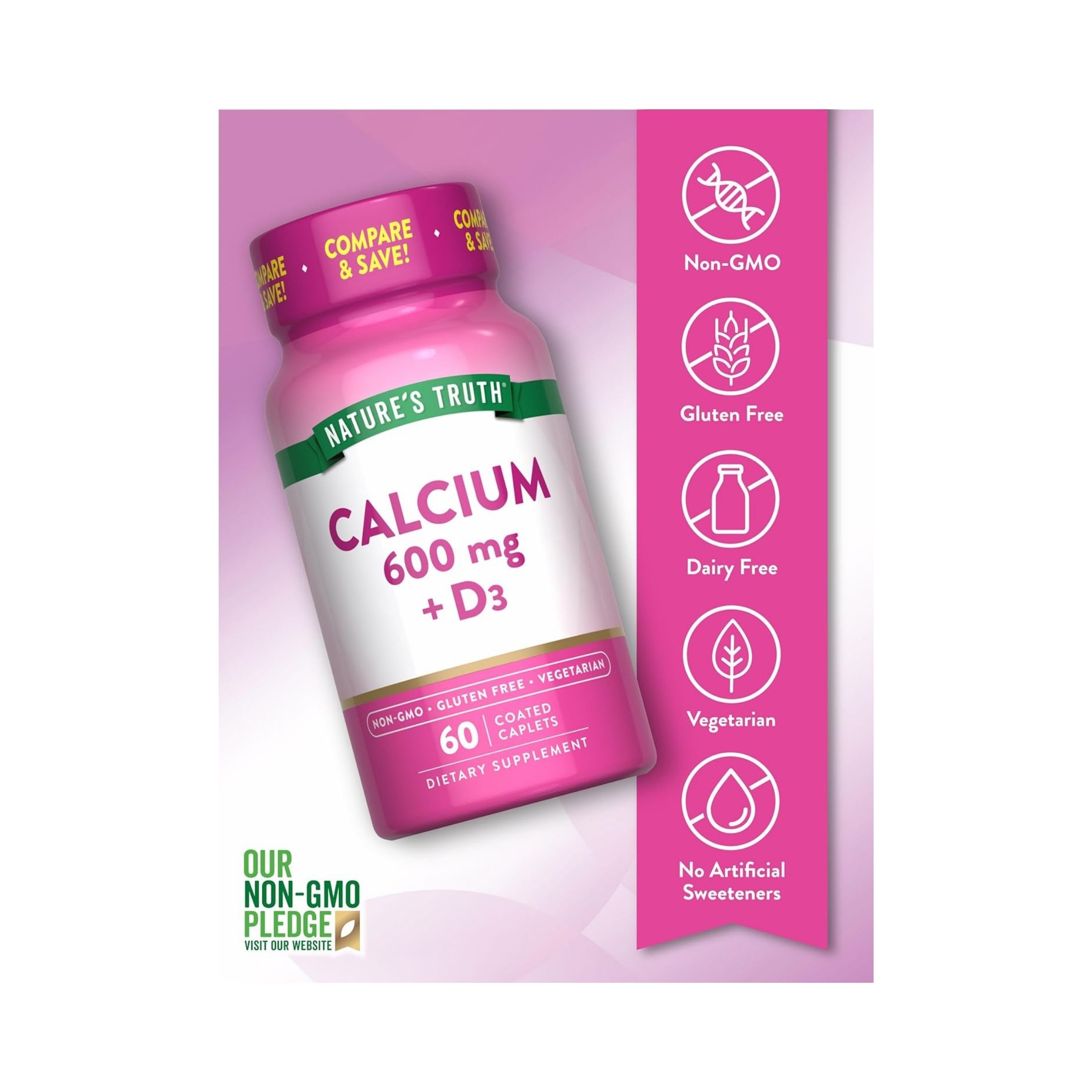 Nature's Truth Calcium Plus Vitamin D3, 600 Mg, 60 Coated Caplets