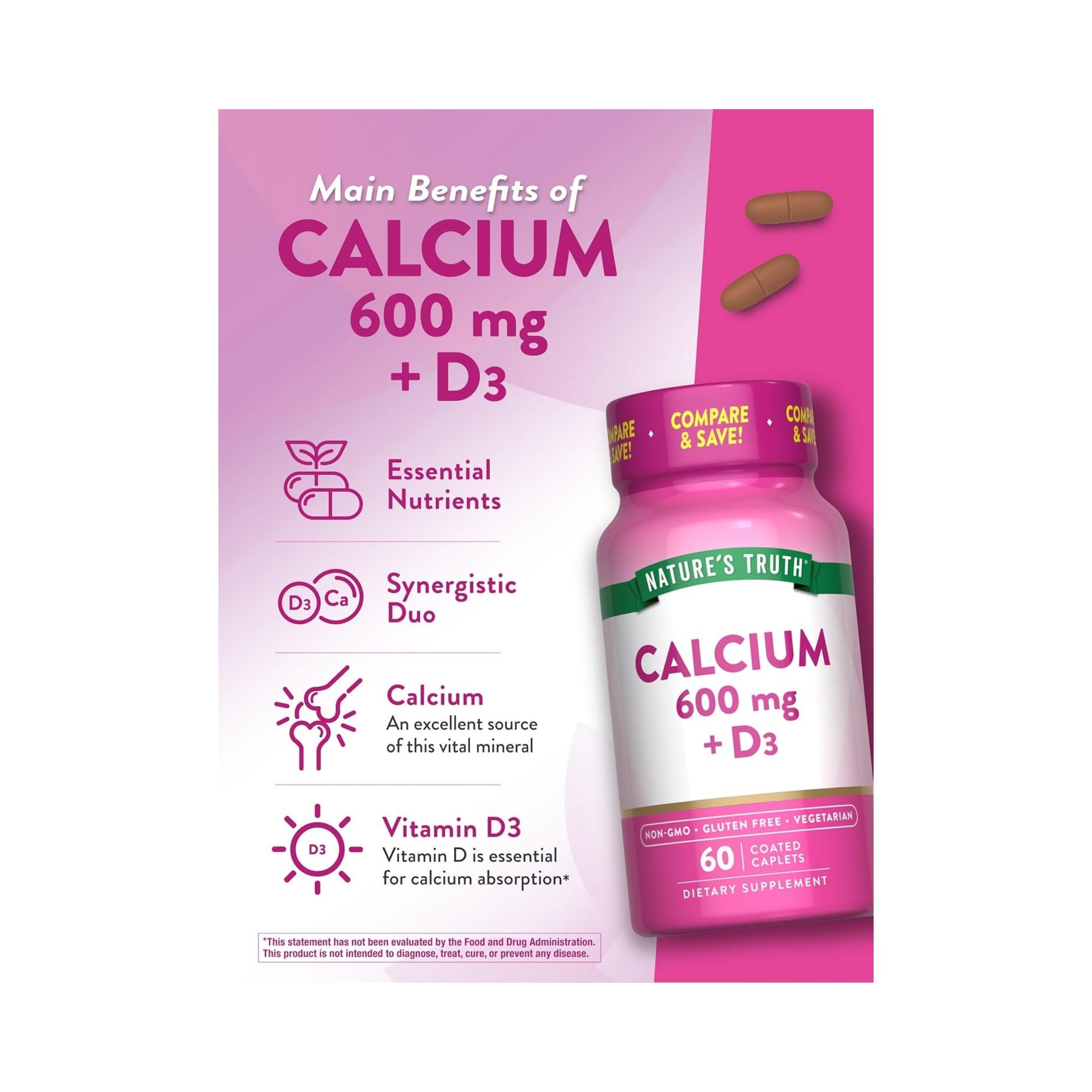 Nature's Truth Calcium Plus Vitamin D3, 600 Mg, 60 Coated Caplets