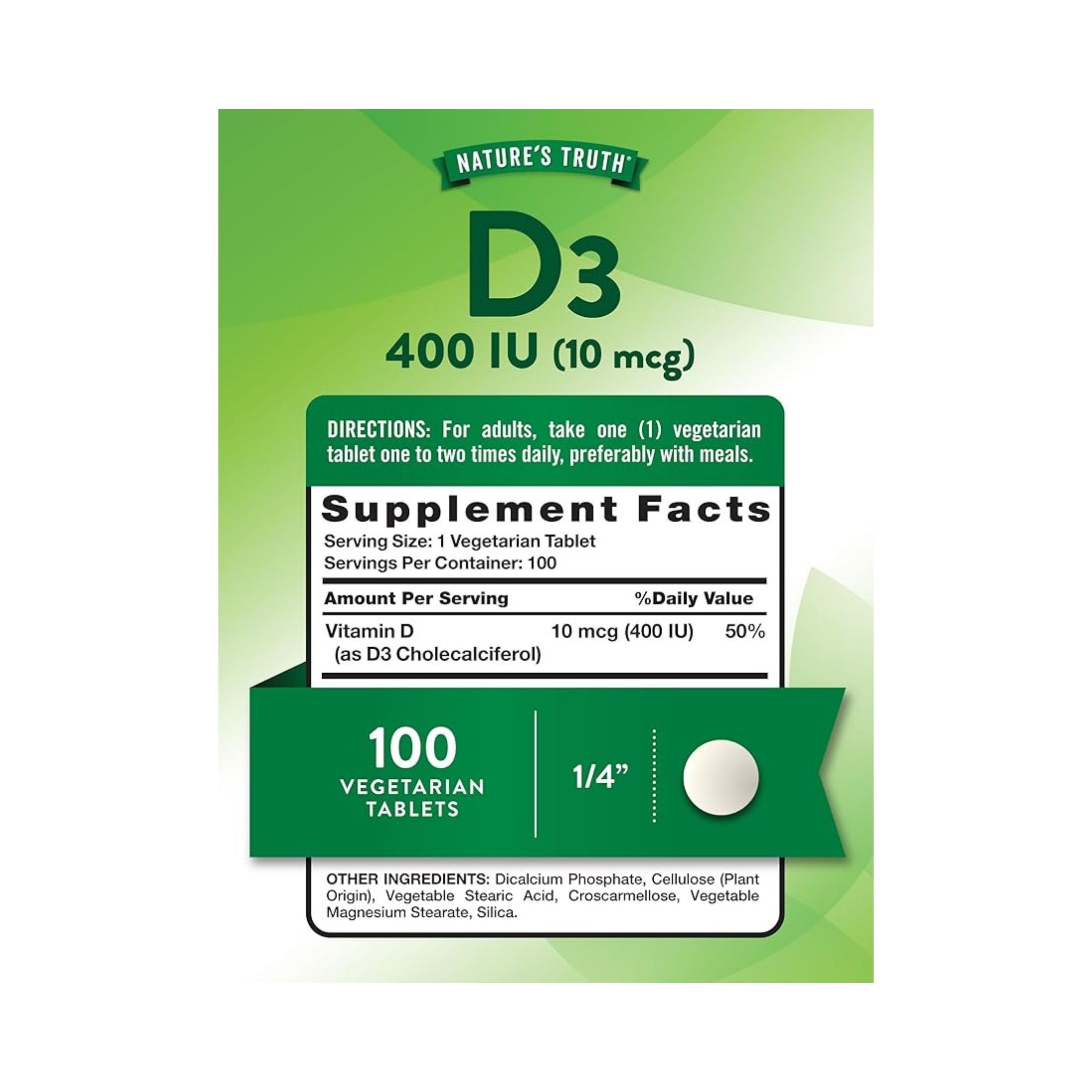 Nature's Truth Vitamin D3 400 IU 10mcg 100 Tablets