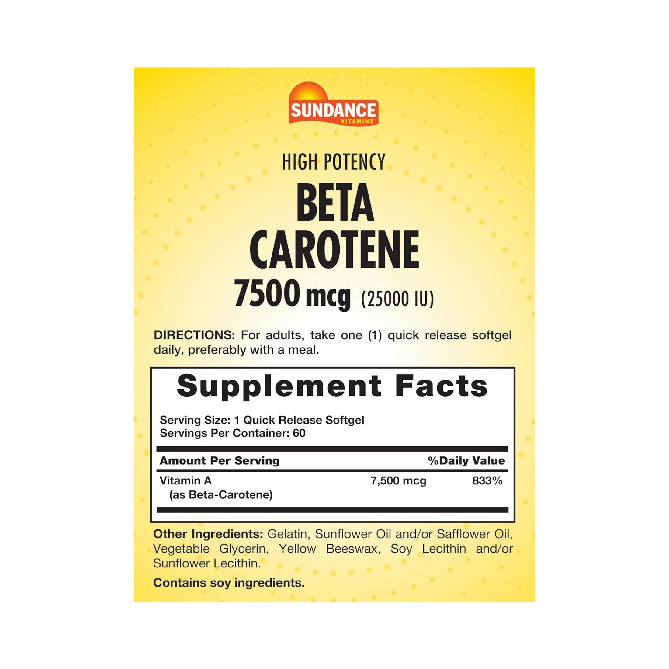 Sundance Beta Carotene Vitamin A Softgels, 25,000 IU, 60 Caps