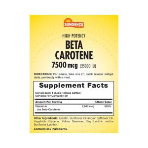 Sundance Beta Carotene Vitamin A Softgels, 25,000 IU, 60 Caps