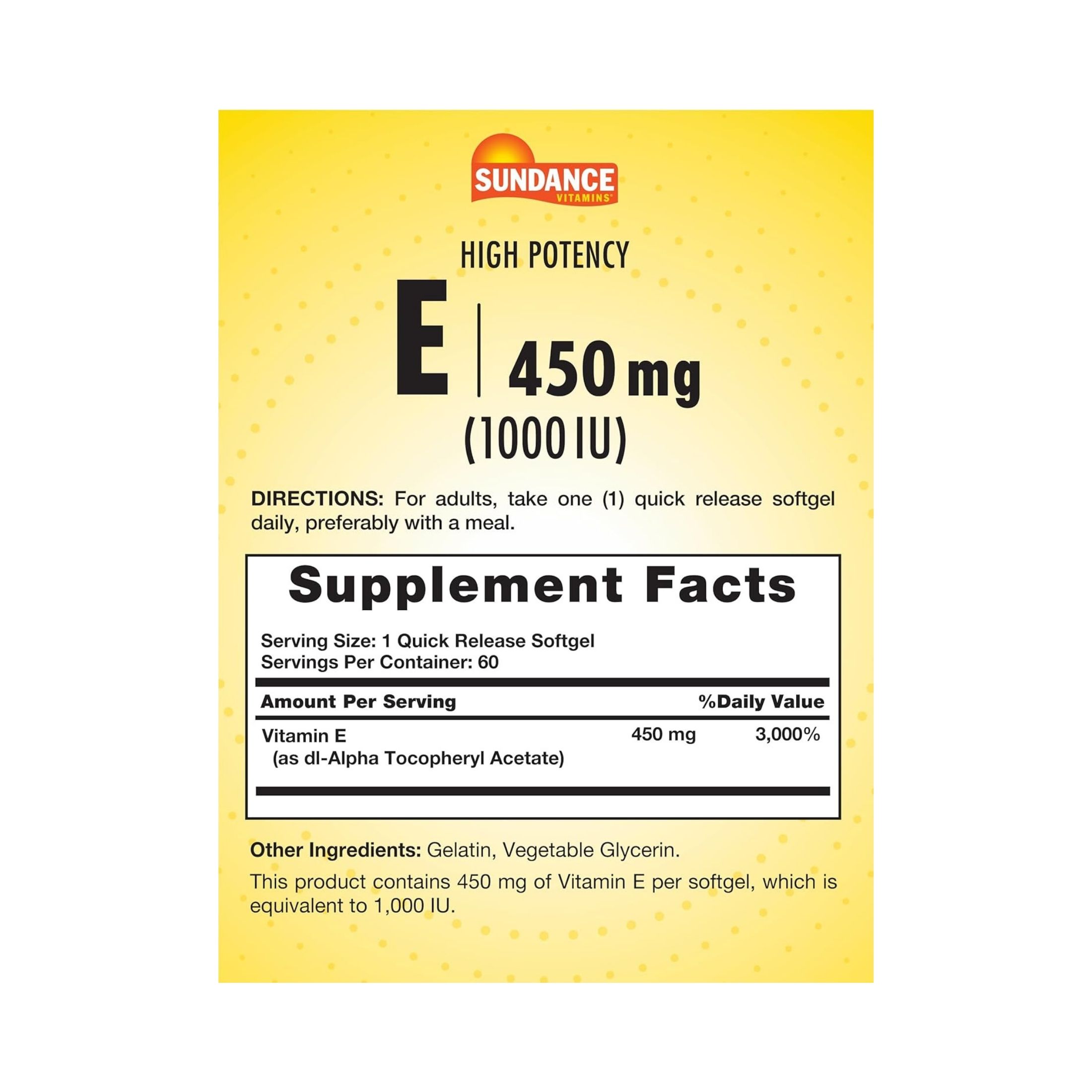 Sundance Vitamins High Potency E Vitamin Quick Release Softgels, 1000 IU, 60 Caps