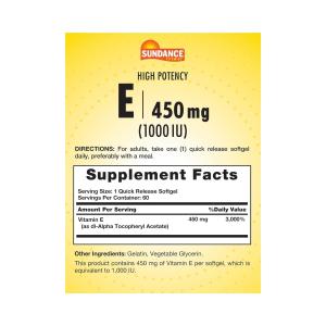 Sundance Vitamins High Potency E Vitamin Quick Release Softgels, 1000 IU, 60 Caps
