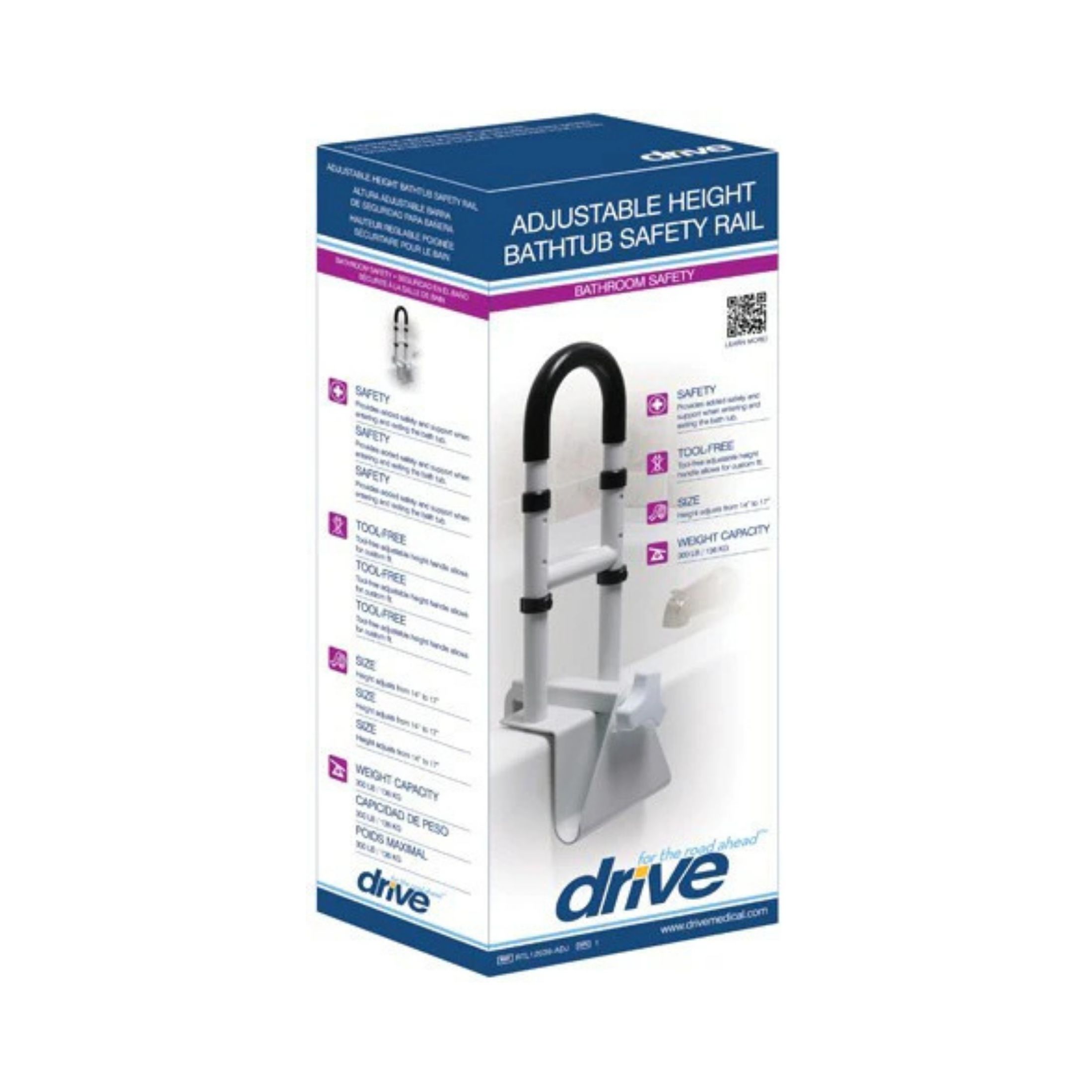 Drive Medical Adjustable Height Bathtub Grab Bar Safety Rail White