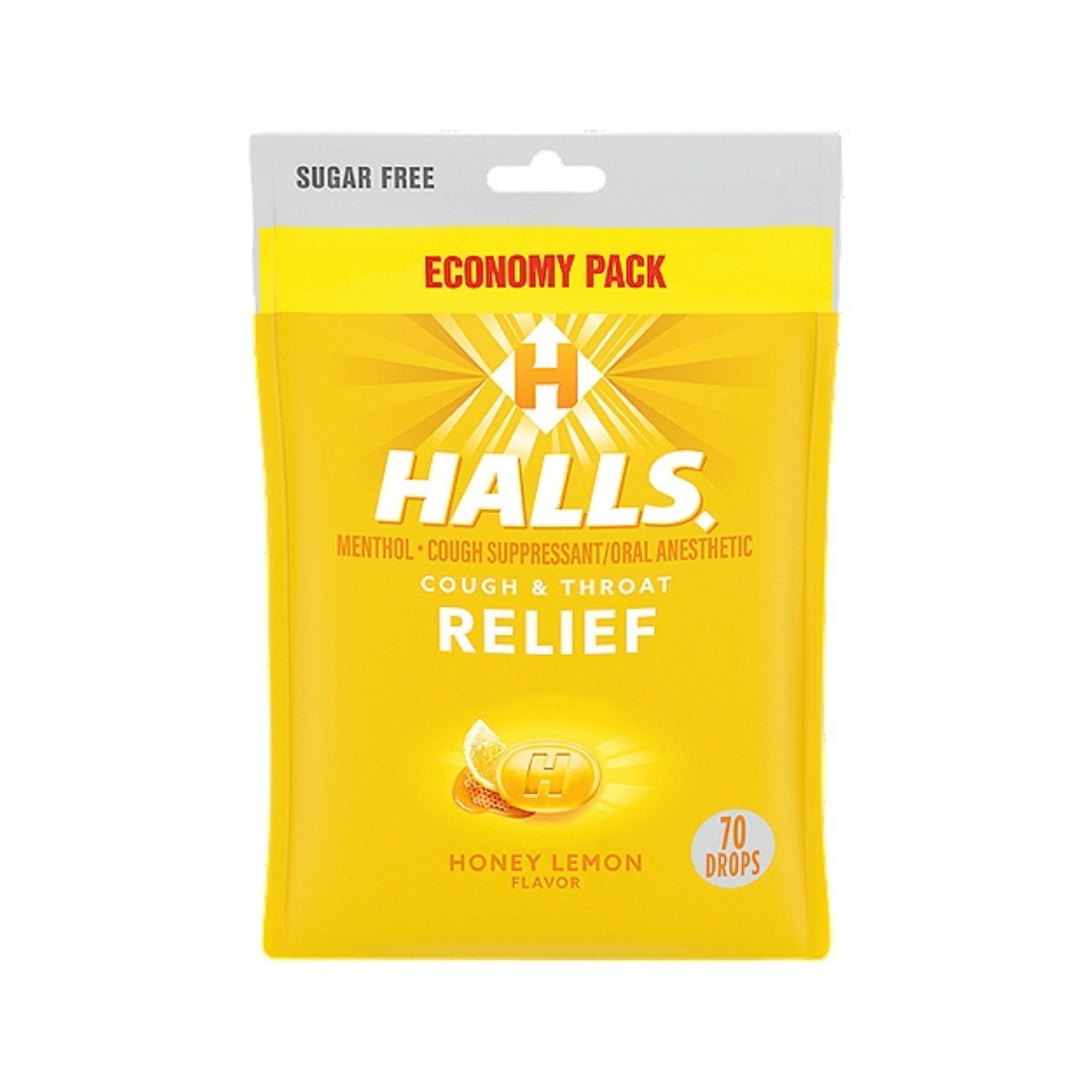 Halls Sugar Free Honey Lemon Flavor Cough & Throat Relief Economy Pack 70 Drops