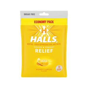 Halls Sugar Free Honey Lemon Flavor Cough & Throat Relief Economy Pack 70 Drops