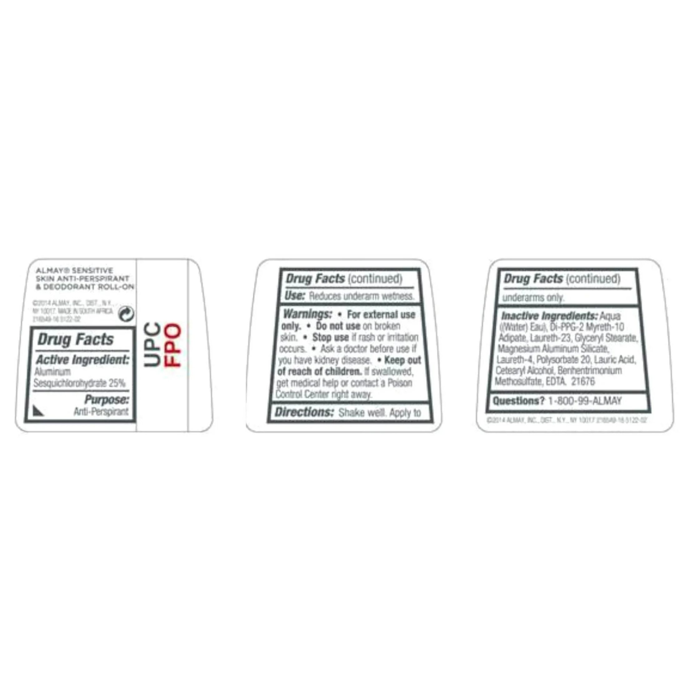 Almay Anti-Perspirant & Deodorant, Sensitive Skin, Roll-On, Fragrance Free, 1.7 Oz