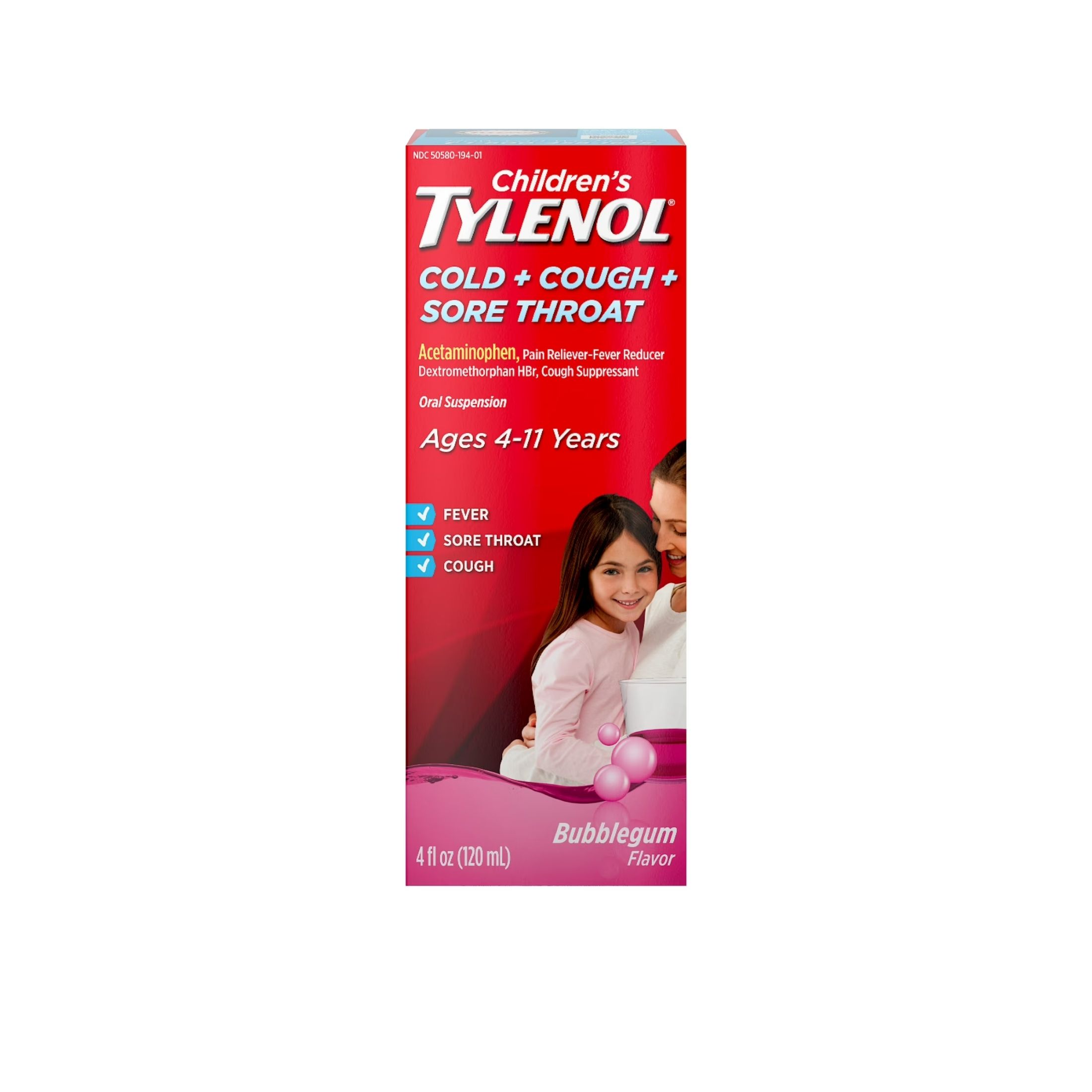 Tylenol Cold + Cough + Sore Throat, Ages 4 11 Years, Bubble Gum Flavor 4 Fl Oz