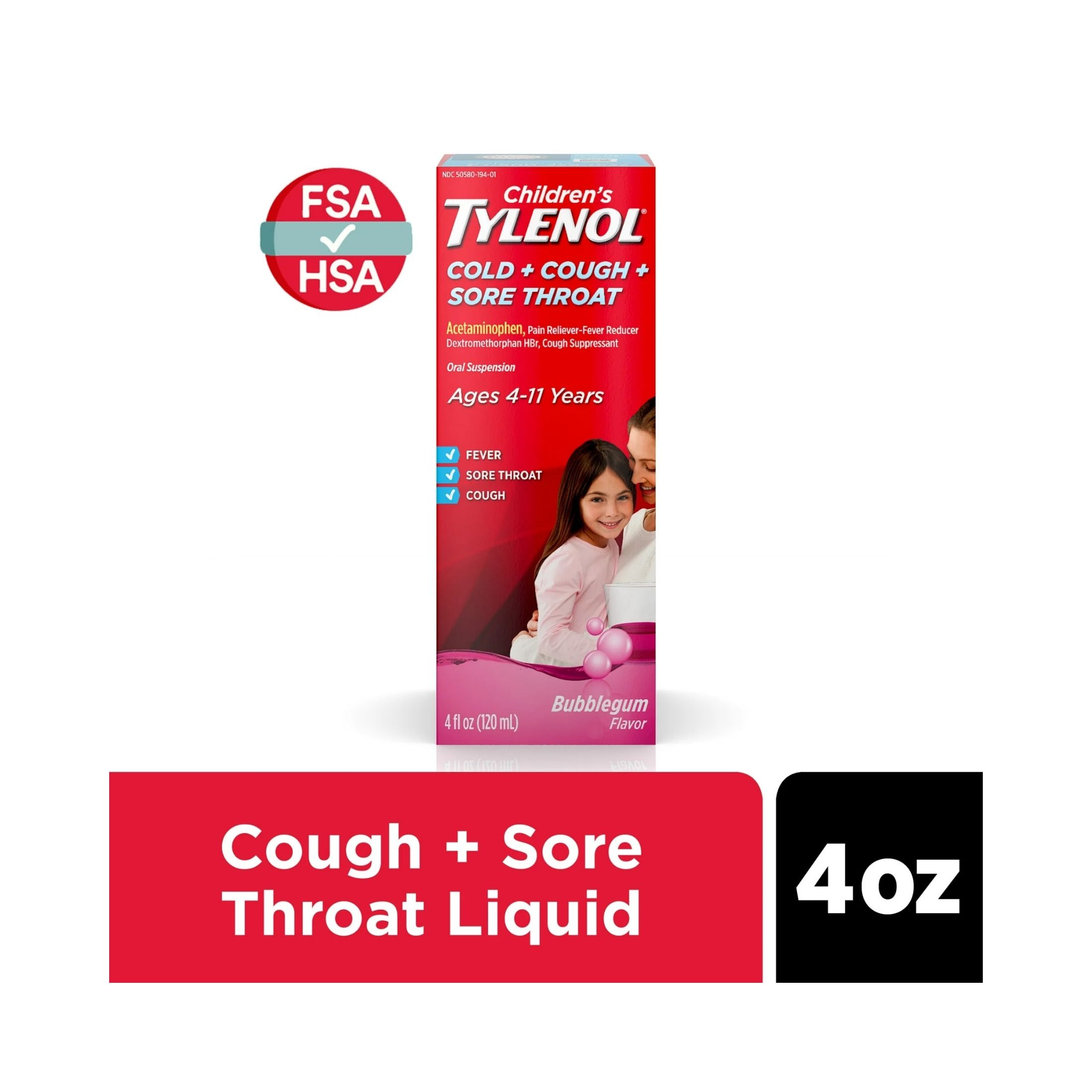 Tylenol Cold + Cough + Sore Throat, Ages 4 11 Years, Bubble Gum Flavor 4 Fl Oz