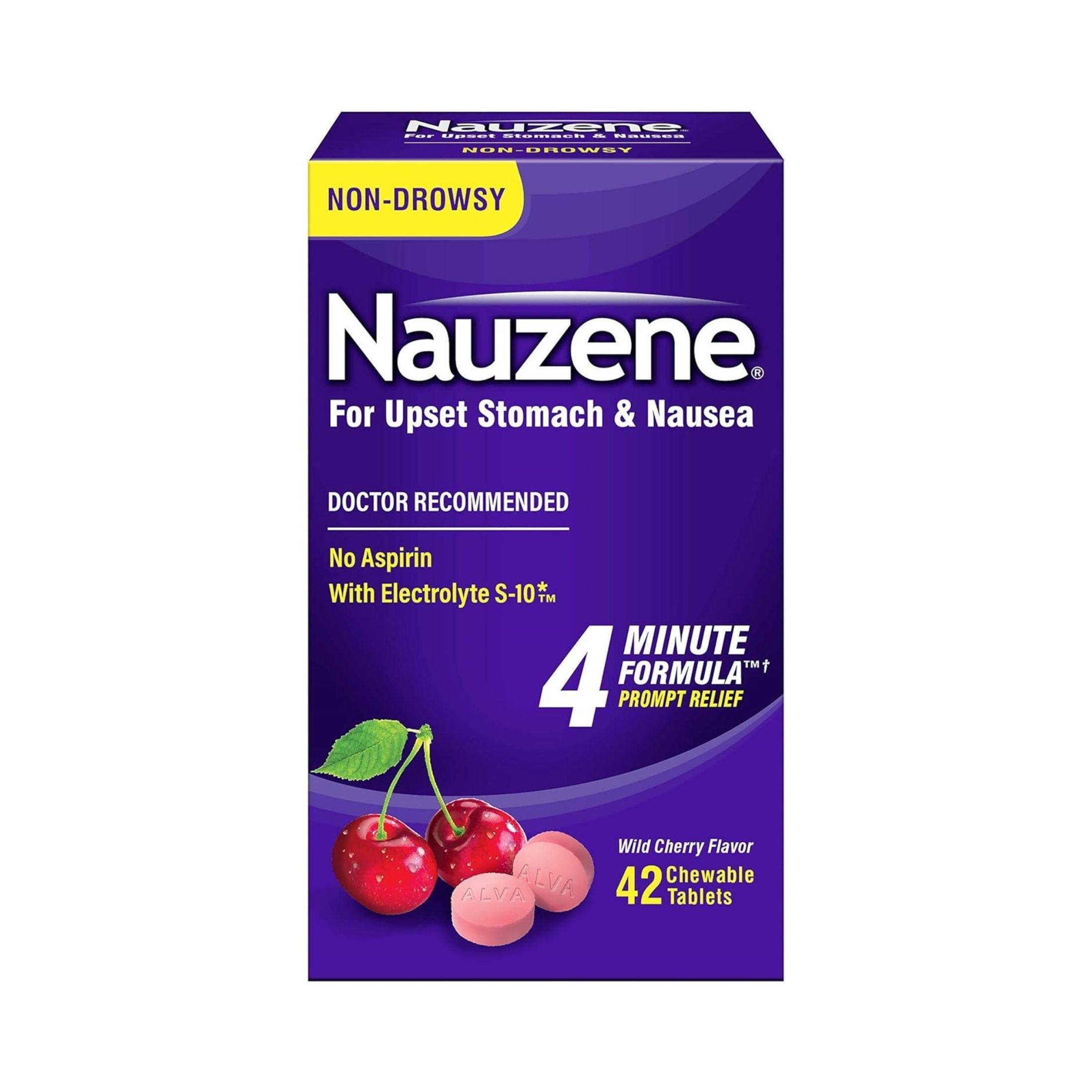 Nauzene Wild Cherry Flavor Non-Drowsy For Upset Stomach & Nausea Chewable Tablets, 42 Count