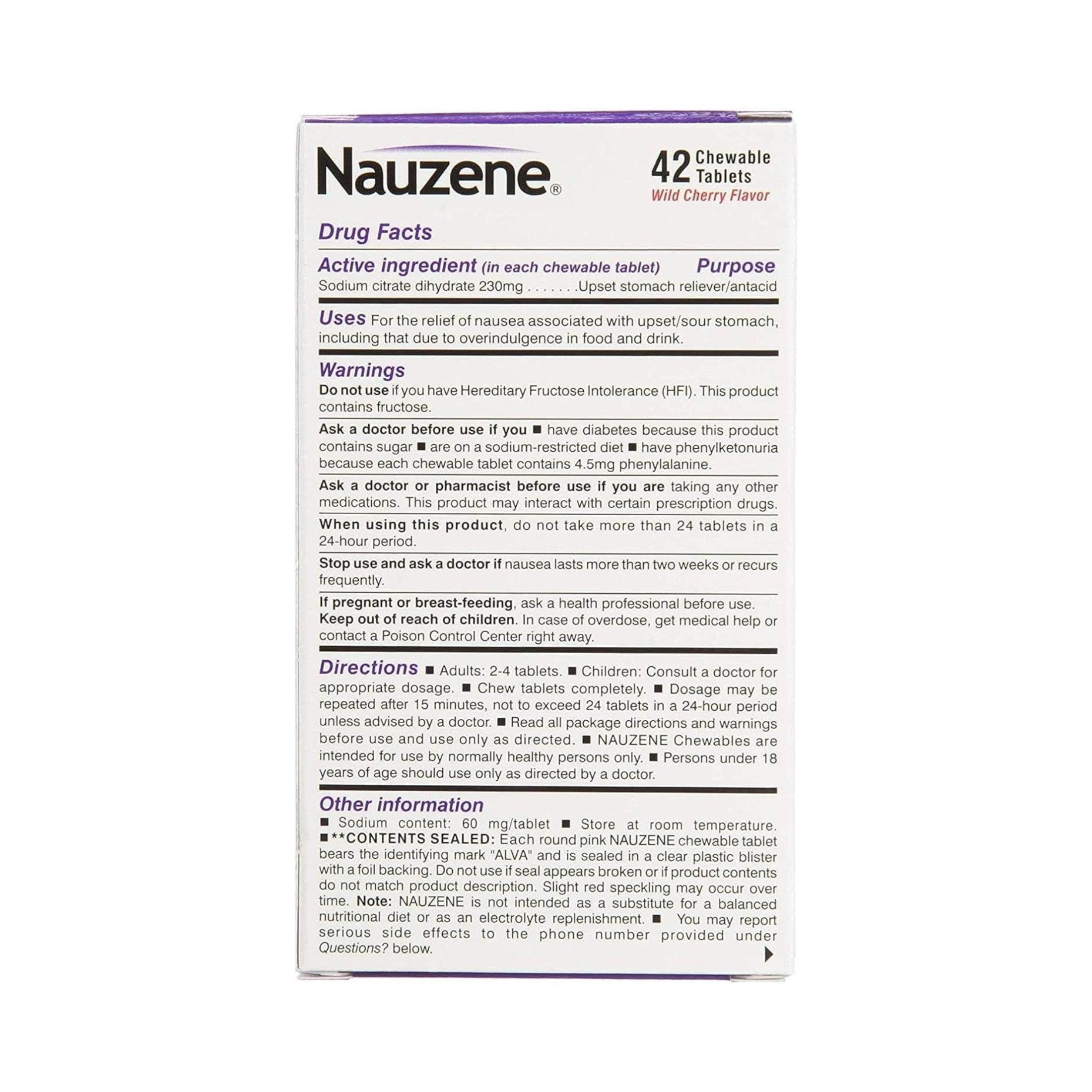 Nauzene Wild Cherry Flavor Non-Drowsy For Upset Stomach & Nausea Chewable Tablets, 42 Count