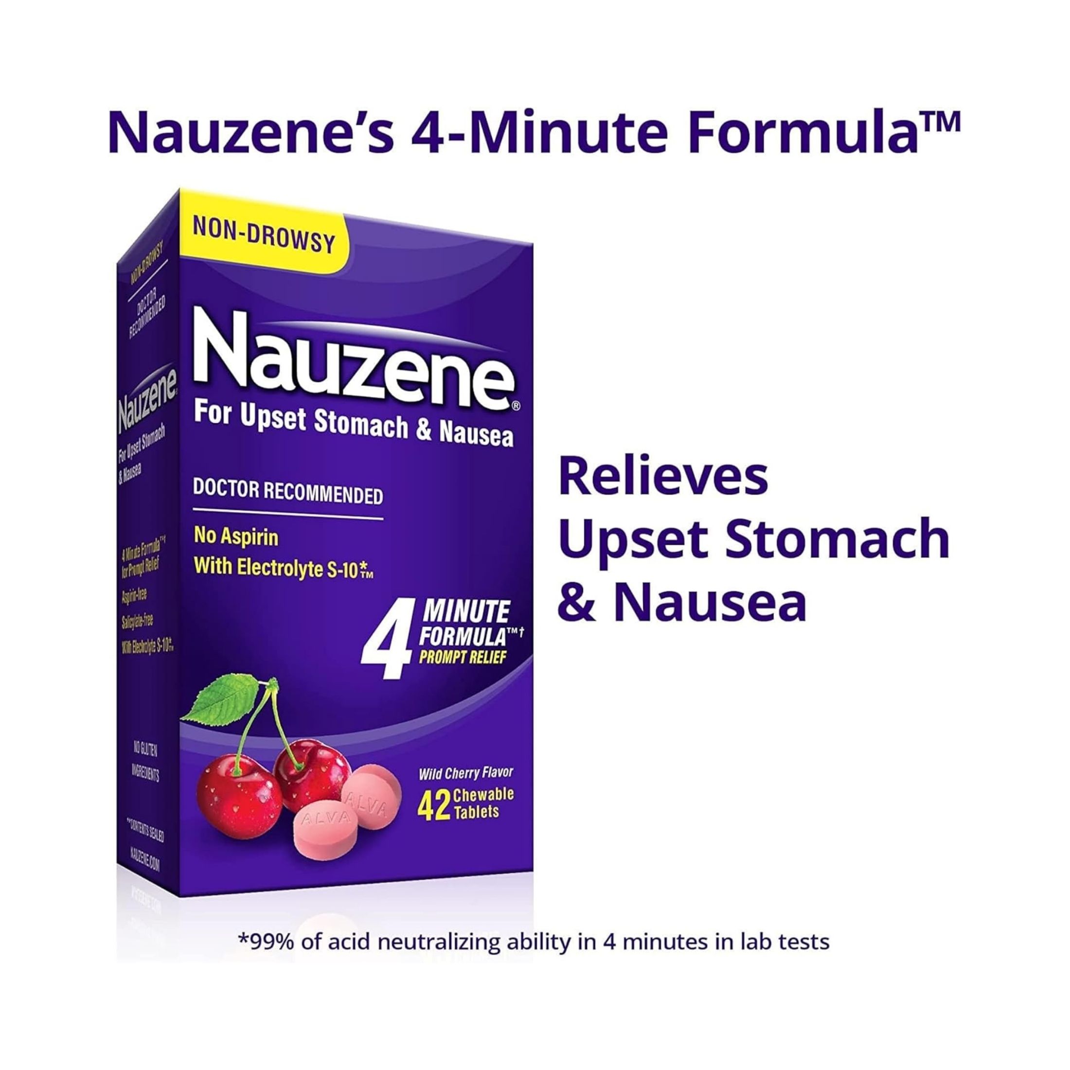 Nauzene Wild Cherry Flavor Non-Drowsy For Upset Stomach & Nausea Chewable Tablets, 42 Count