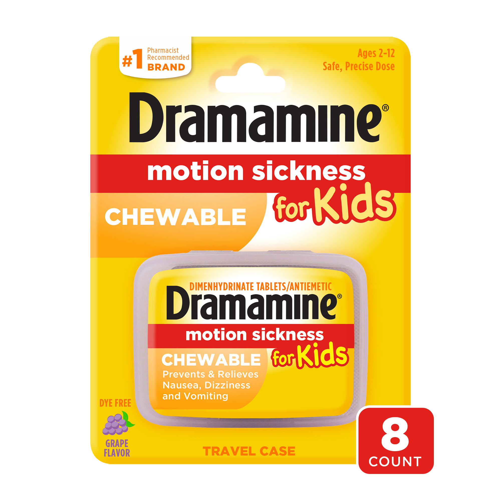 Dramamine Motion Sickness Relief, For Kids, Travel Case, Chewable Tablets, Grape Flavor