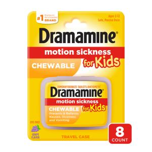 Dramamine Motion Sickness Relief, For Kids, Travel Case, Chewable Tablets, Grape Flavor