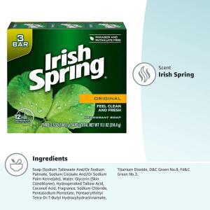 Irish Spring Original Clean Deodorant Bar Soap For Men, 3.7 Oz, 3 Pack