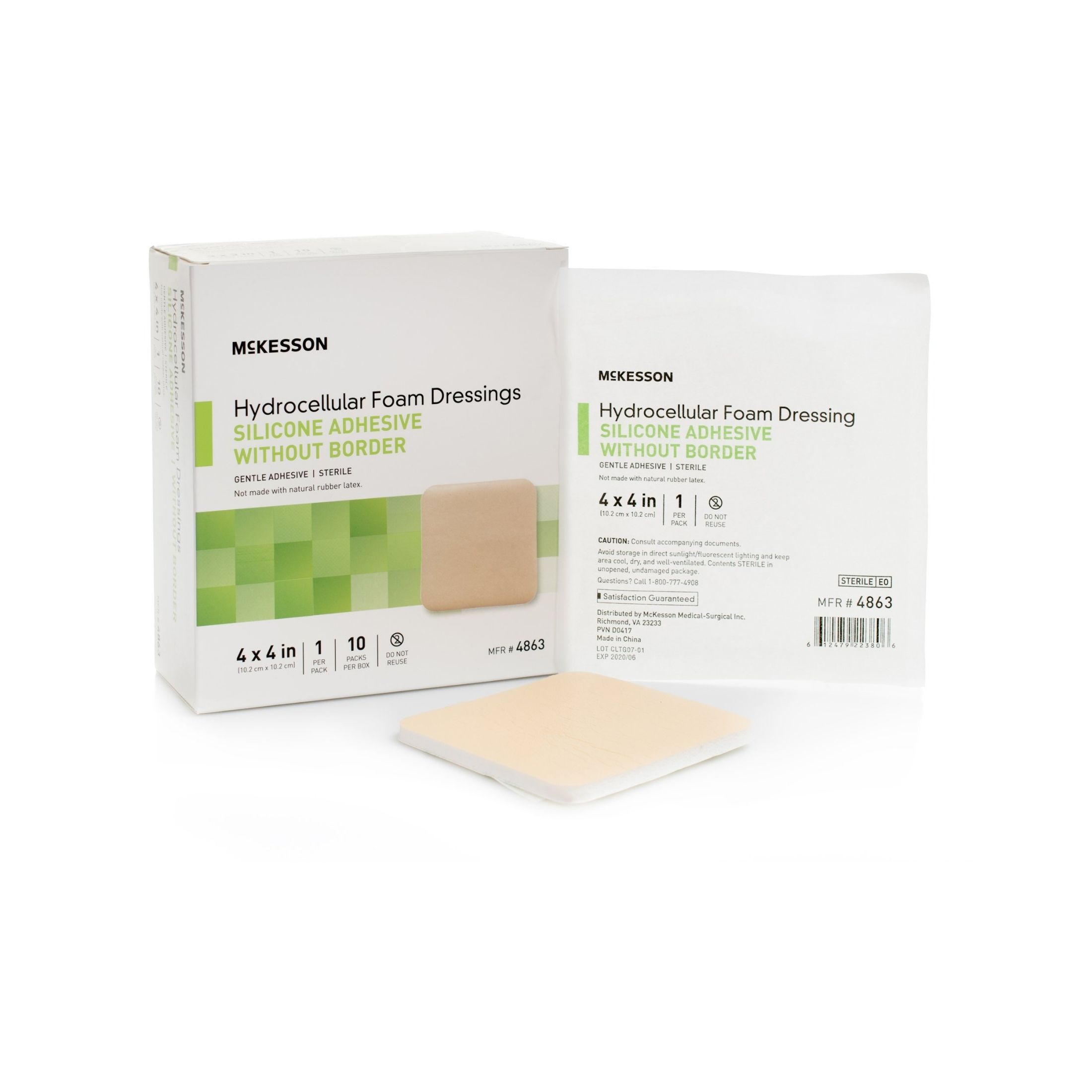 McKesson Silicone Foam Dressing 4 X 4 Inch Square Silicone Gel Adhesive Without Border Sterile, 1 Sterile