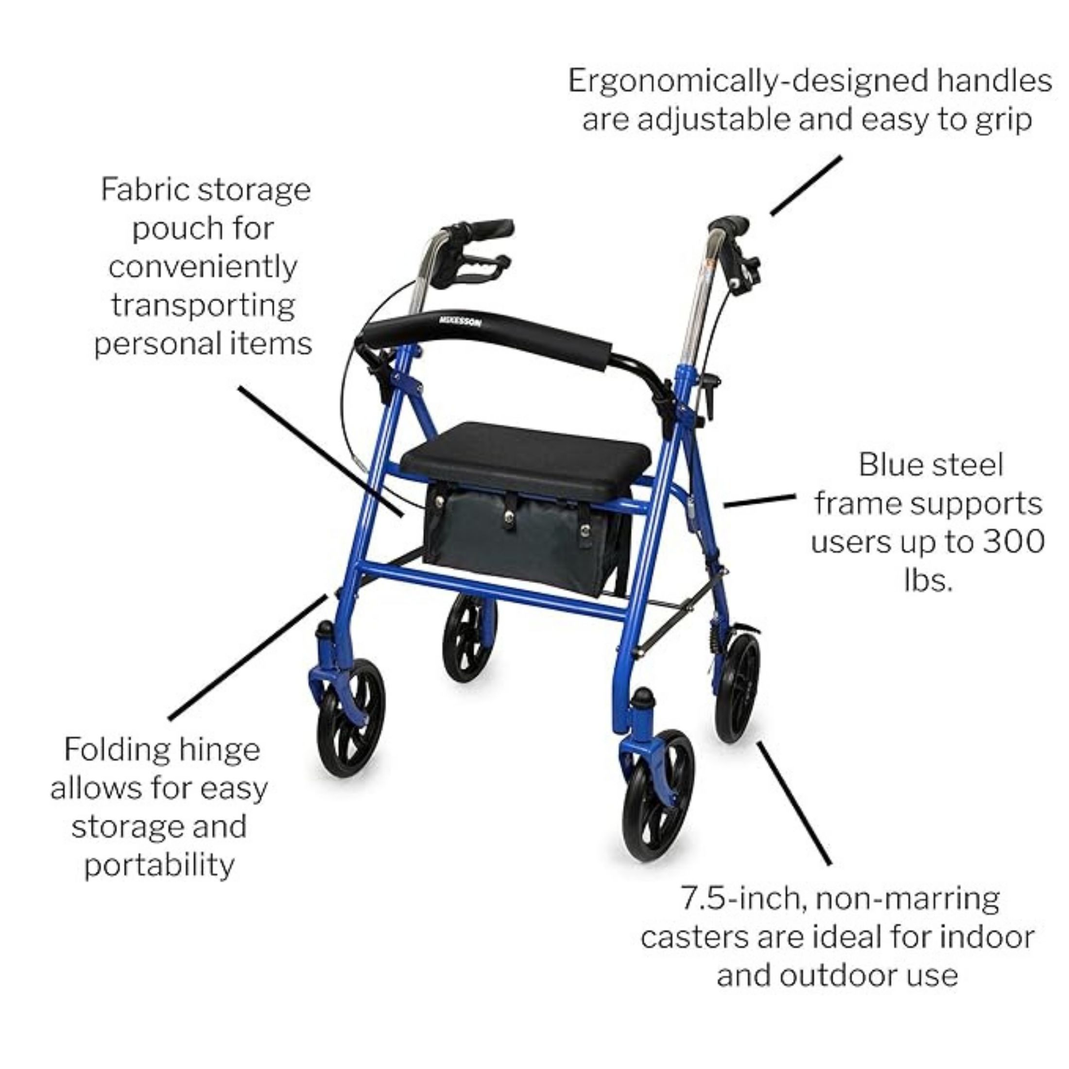 McKesson 4 Wheel Rollator Blue Folding Steel Frame, Count Of 1