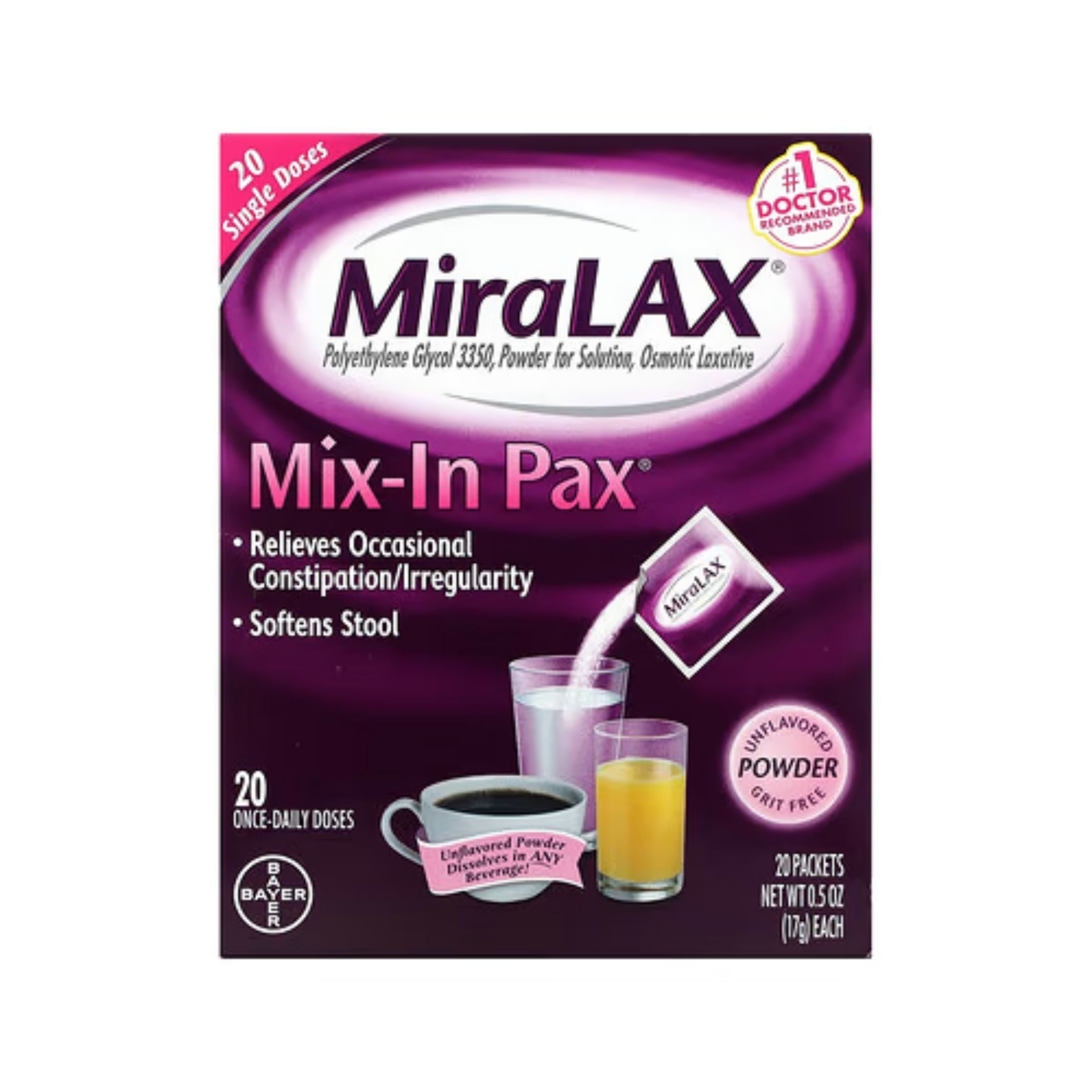 MiraLAX Unflavored Powder Single Doses Mix-in Pax 20-0.5 Oz Packets