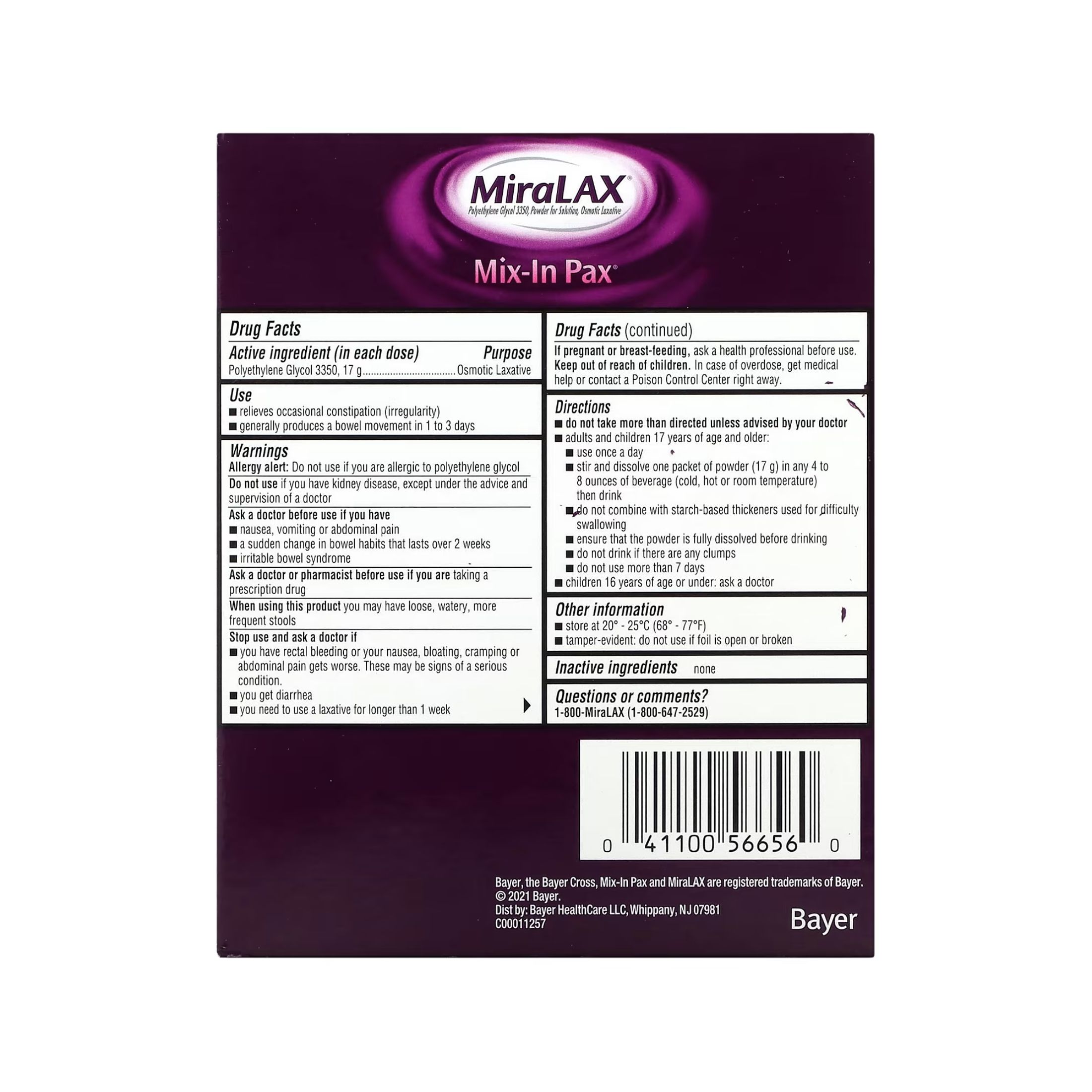 MiraLAX Unflavored Powder Single Doses Mix-in Pax 20-0.5 Oz Packets