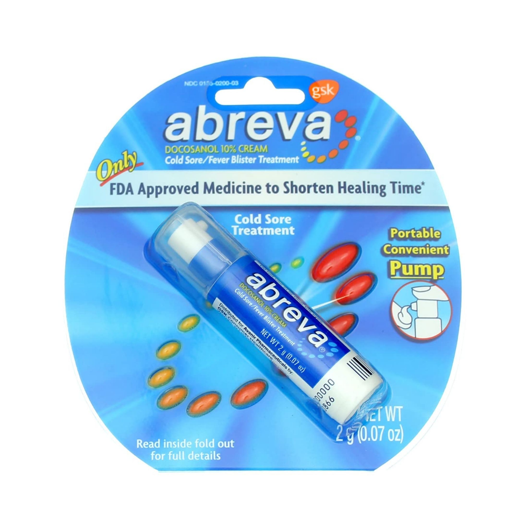 Abreva Docosanol 10% Cream Cold Sore/Fever Blister Treatment Portable Convenient Pump 2 G