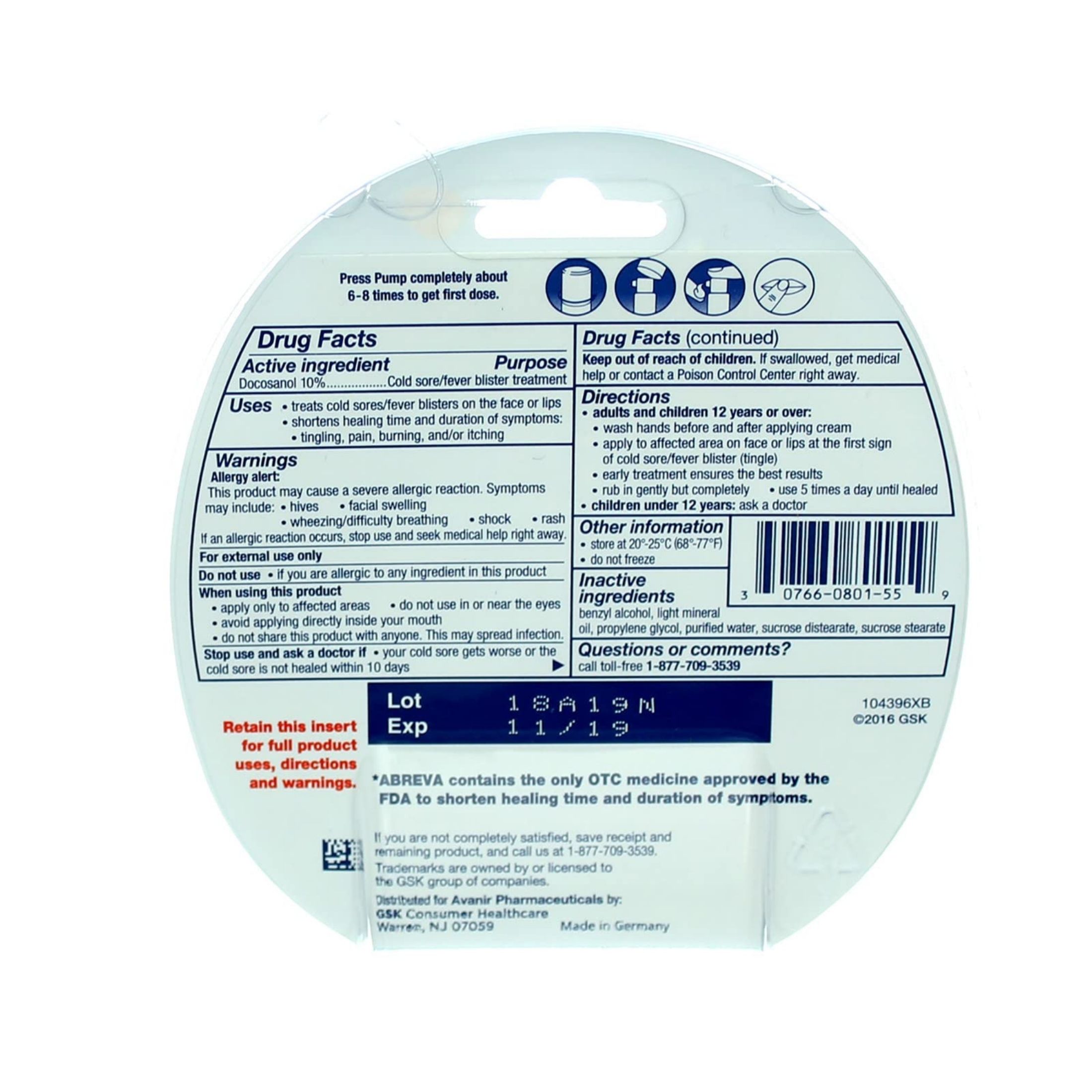 Abreva Docosanol 10% Cream Cold Sore/Fever Blister Treatment Portable Convenient Pump 2 G