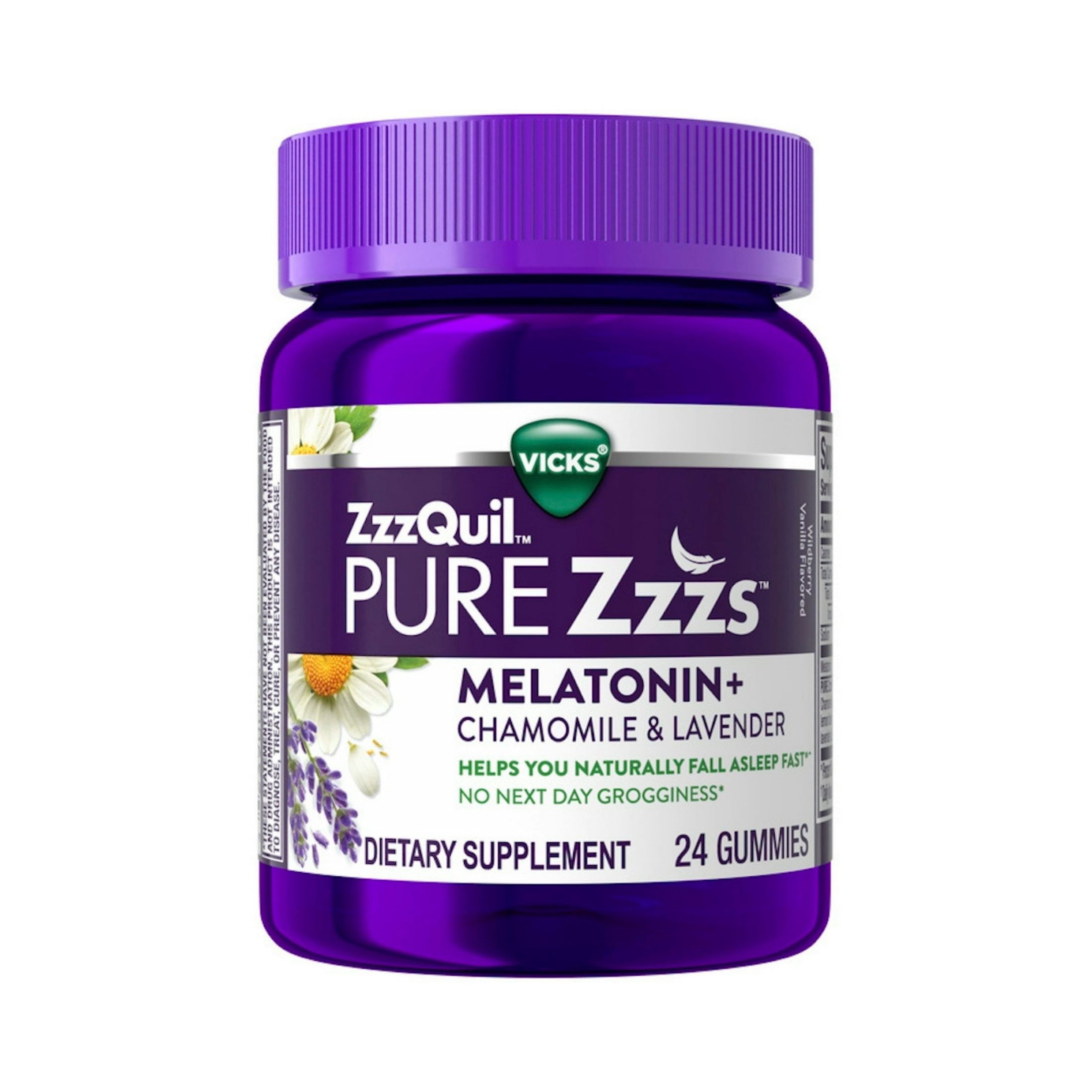 Vicks ZzzQuil PURE Zzzs Melatonin Sleep Aid Gummies, Wildberry Vanilla Flavor, Chamomile Lavender & Valerian Root, 1mg Per Gummy