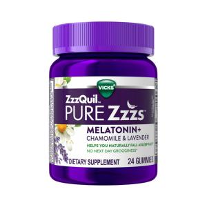 Vicks ZzzQuil PURE Zzzs Melatonin Sleep Aid Gummies, Wildberry Vanilla Flavor, Chamomile Lavender & Valerian Root, 1mg Per Gummy