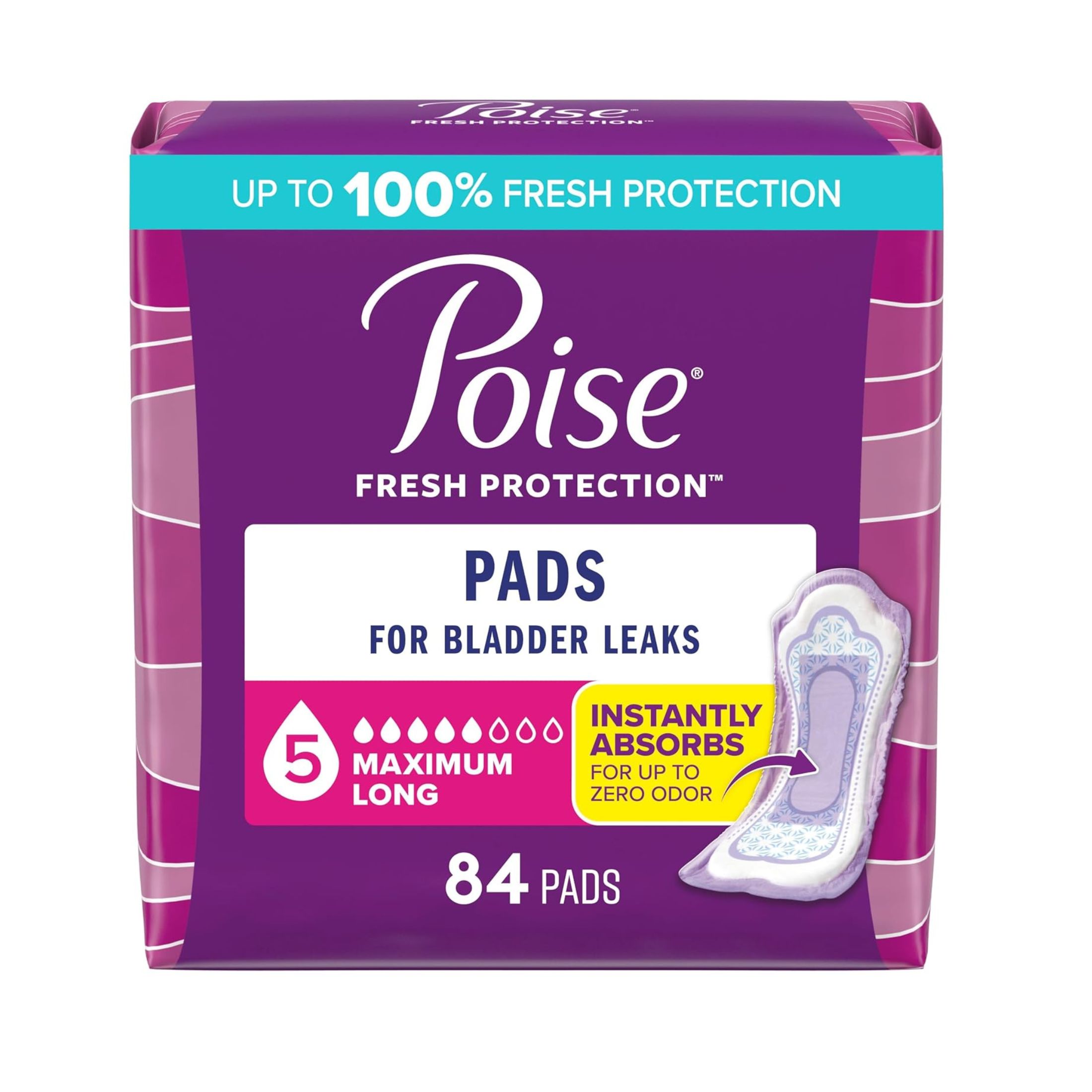 Poise Incontinence Pads, Maximum Absorbency, Regular Length, 84ct
